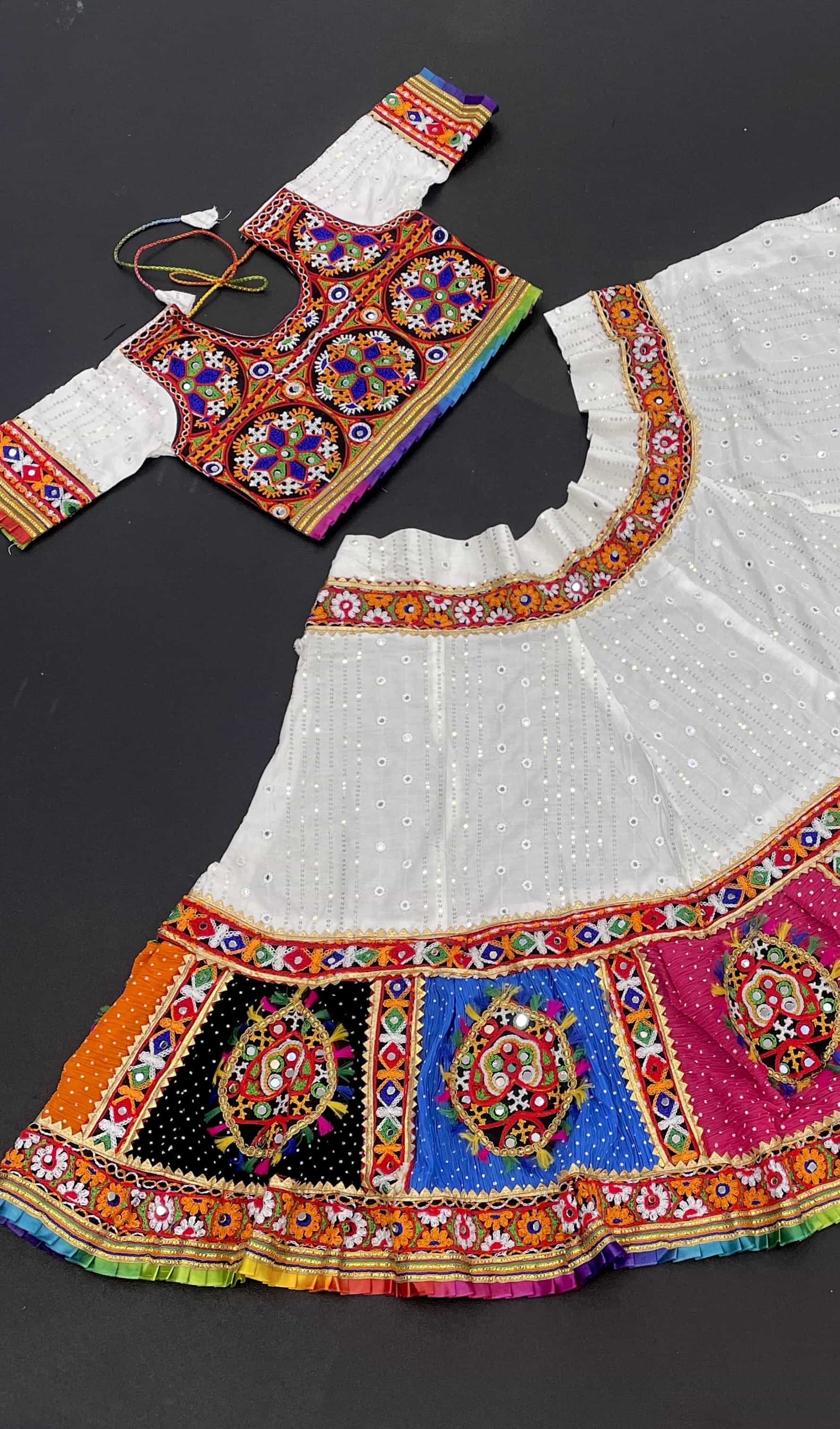 white Patchwork and Mirror Work Lehenga for kids