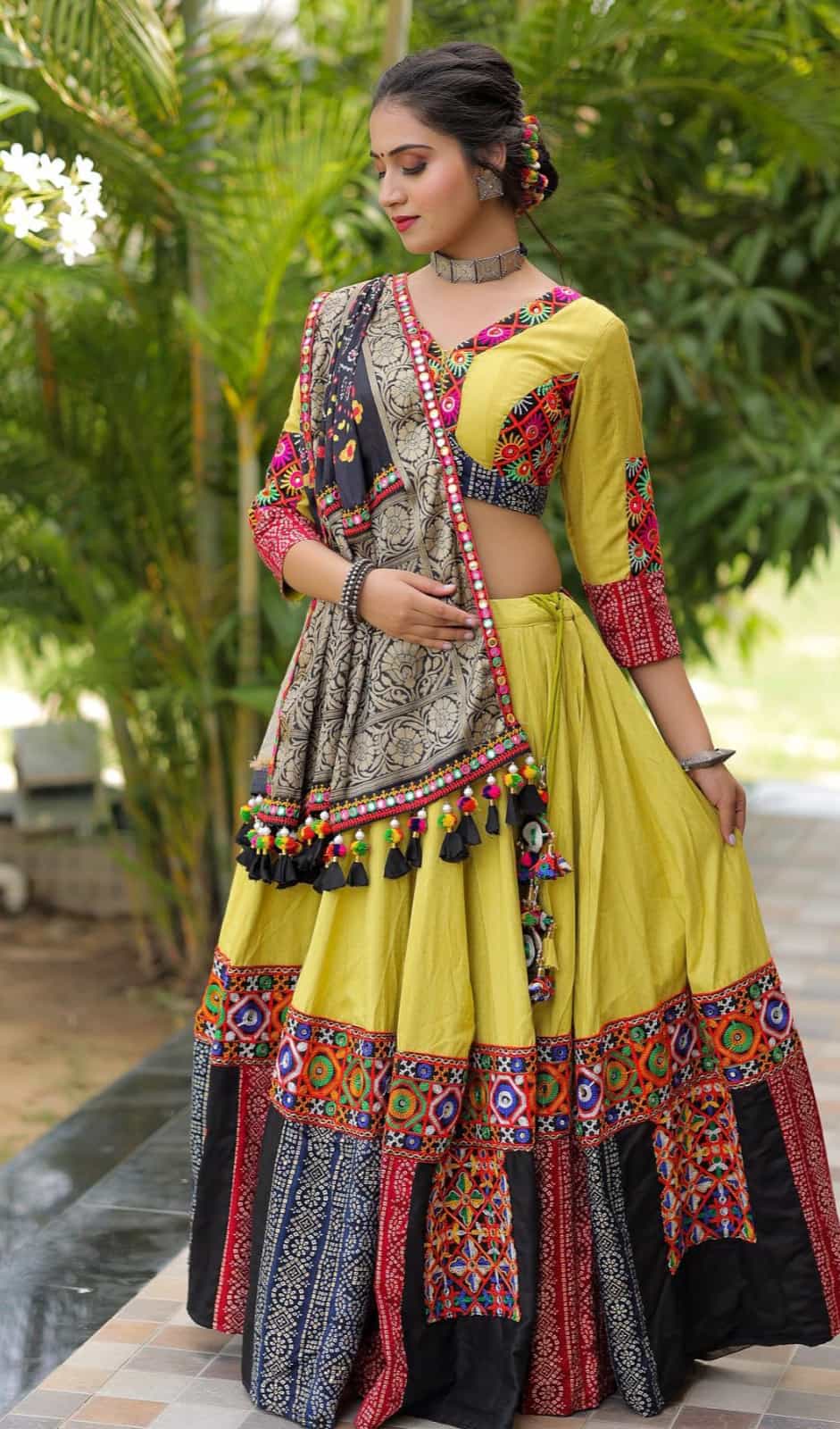 digital print lehenga with mirror work
