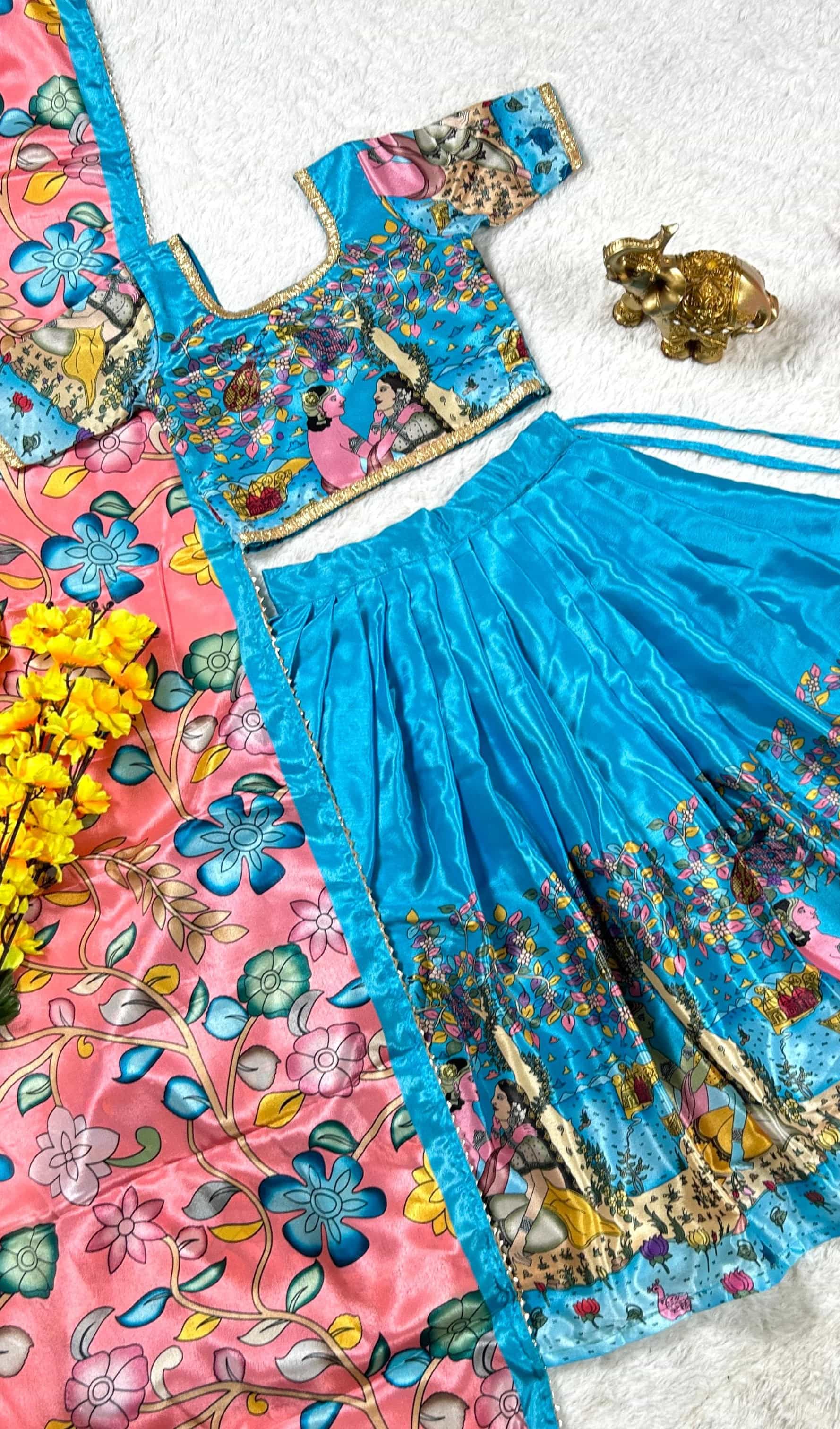 Blue Chinnon Lehenga Choli for Girls