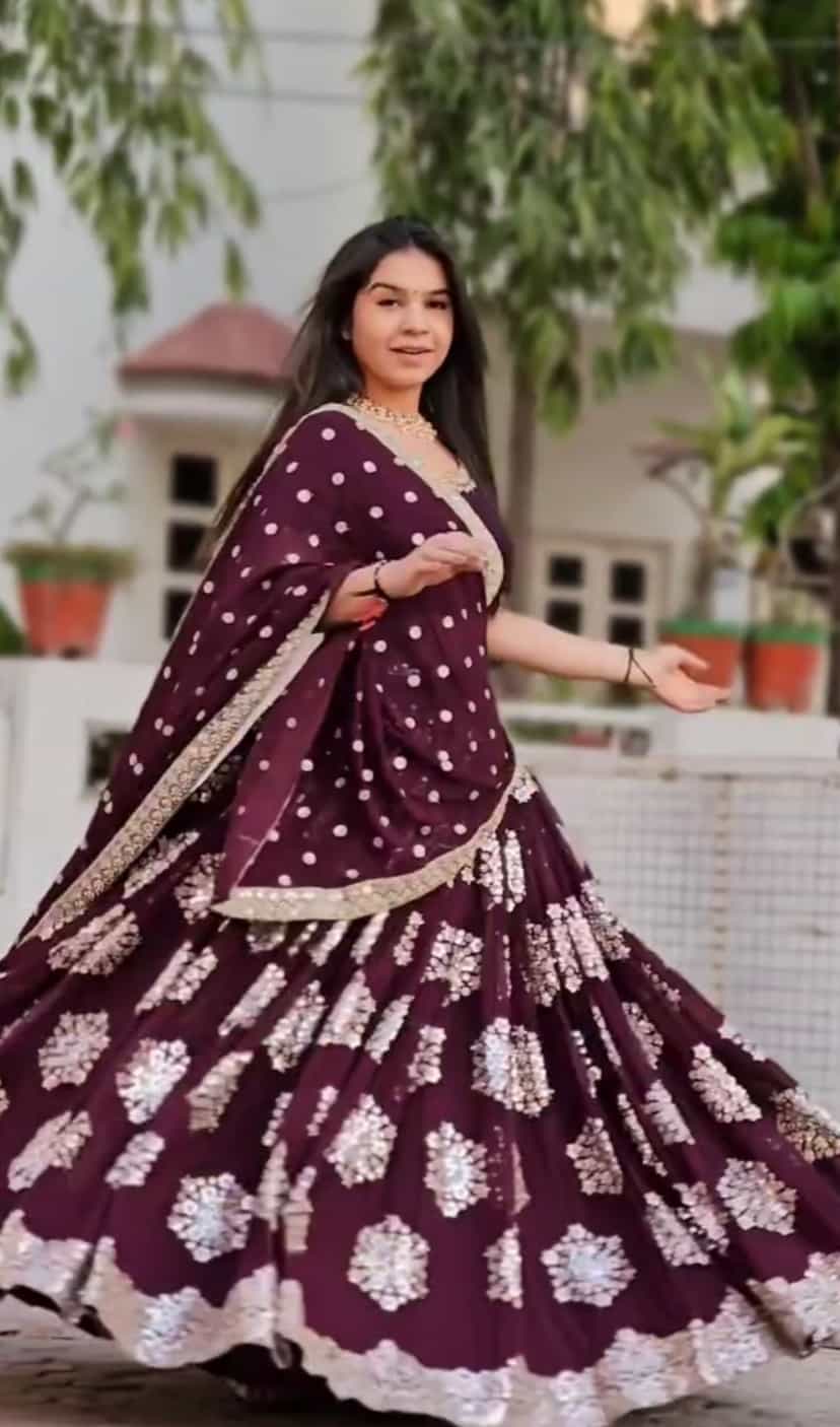 Wine faux georgette lehenga with heavy embroidery
