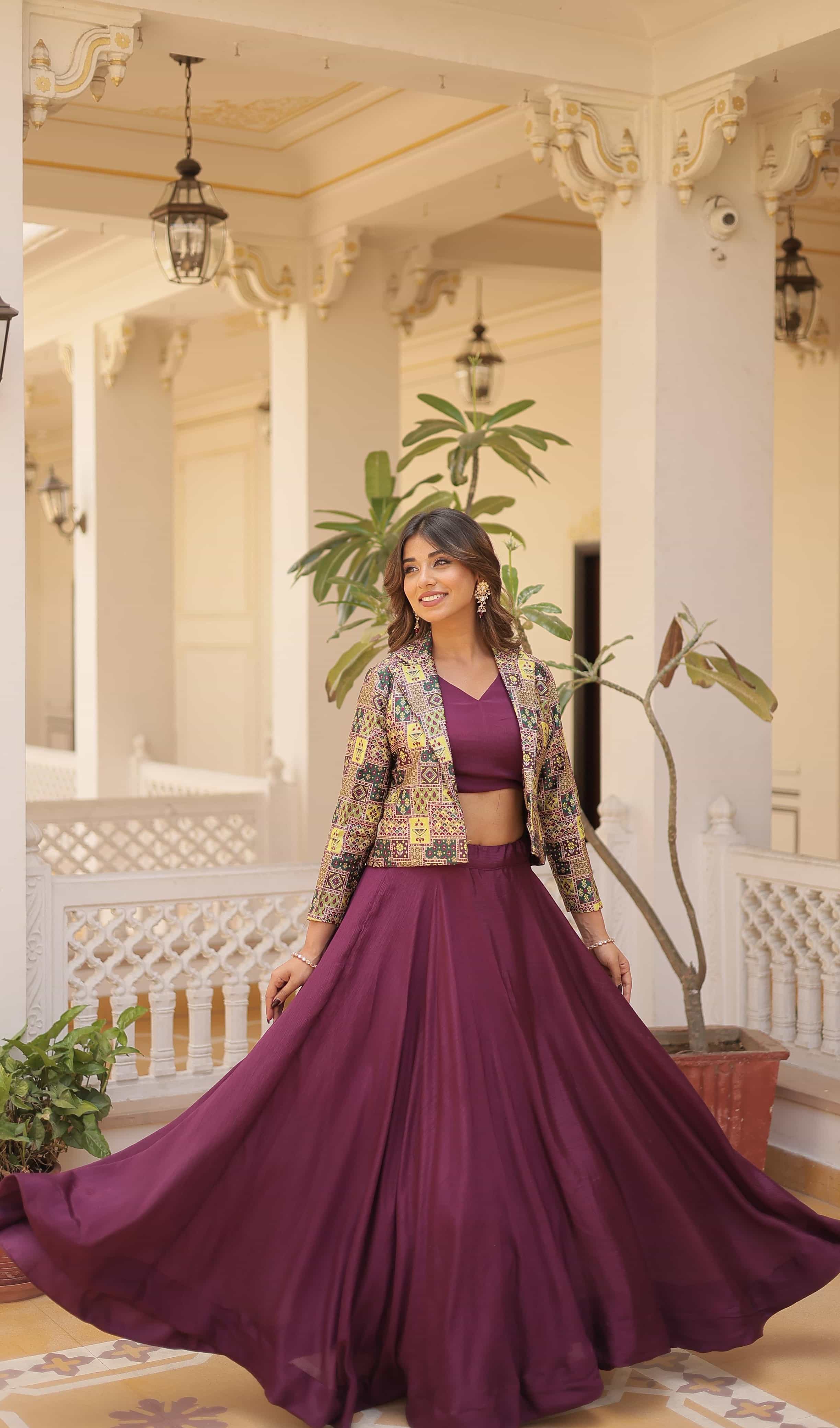 wine color festive and casual wear lehenga