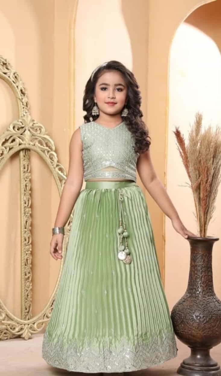 Green Chinon Silk Lehenga for Girls