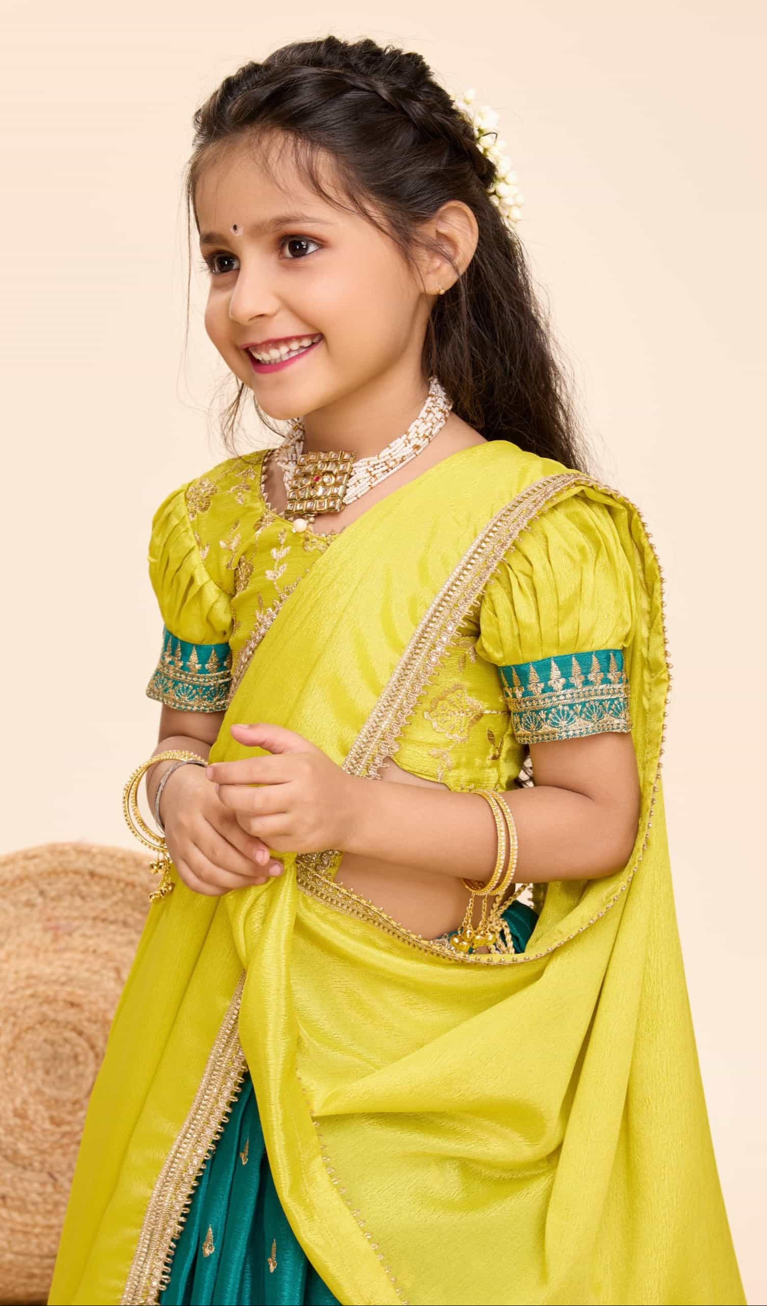 Yellow Chinnon Embroidered Lehenga for Girls