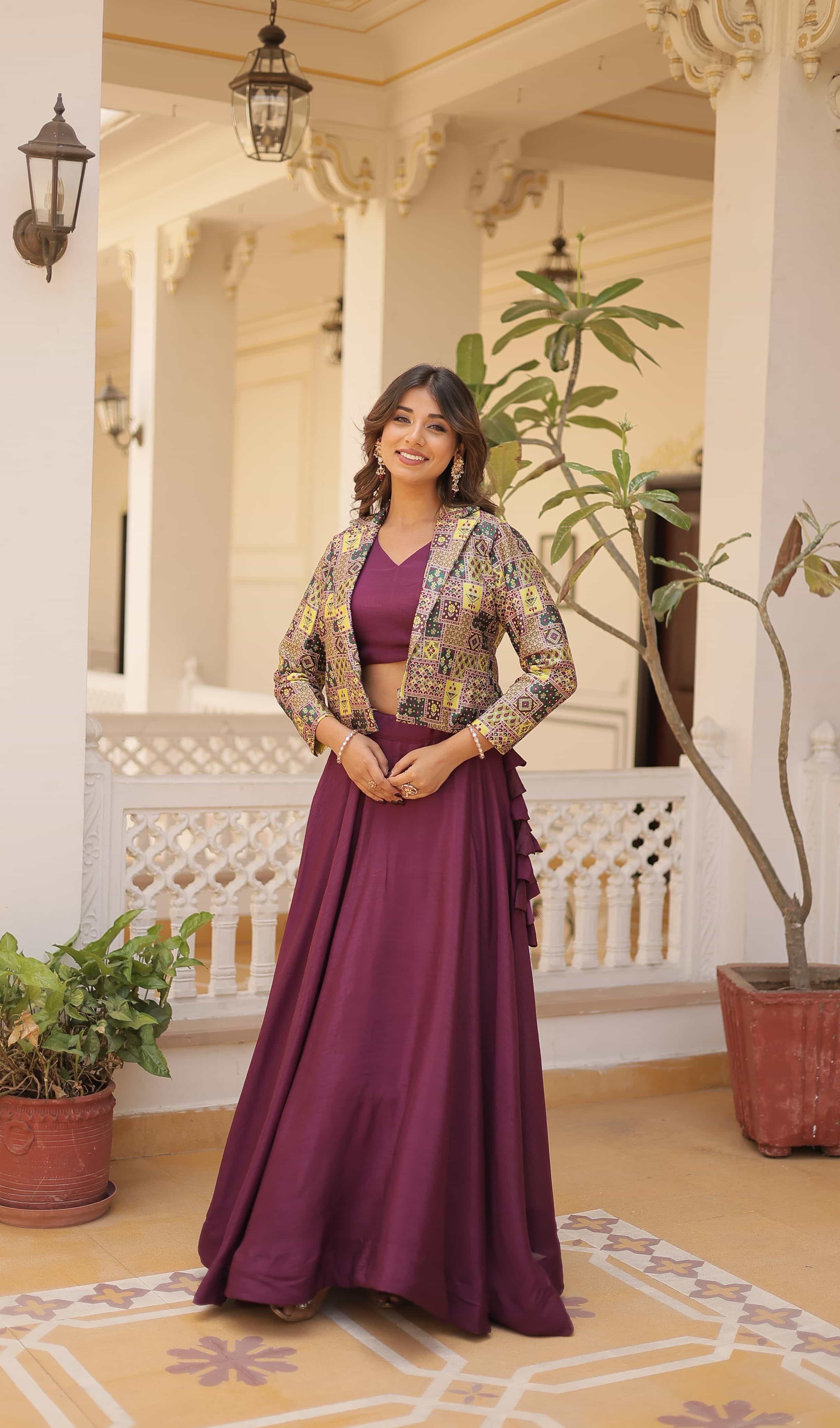 wine lehenga with hexagon tassels