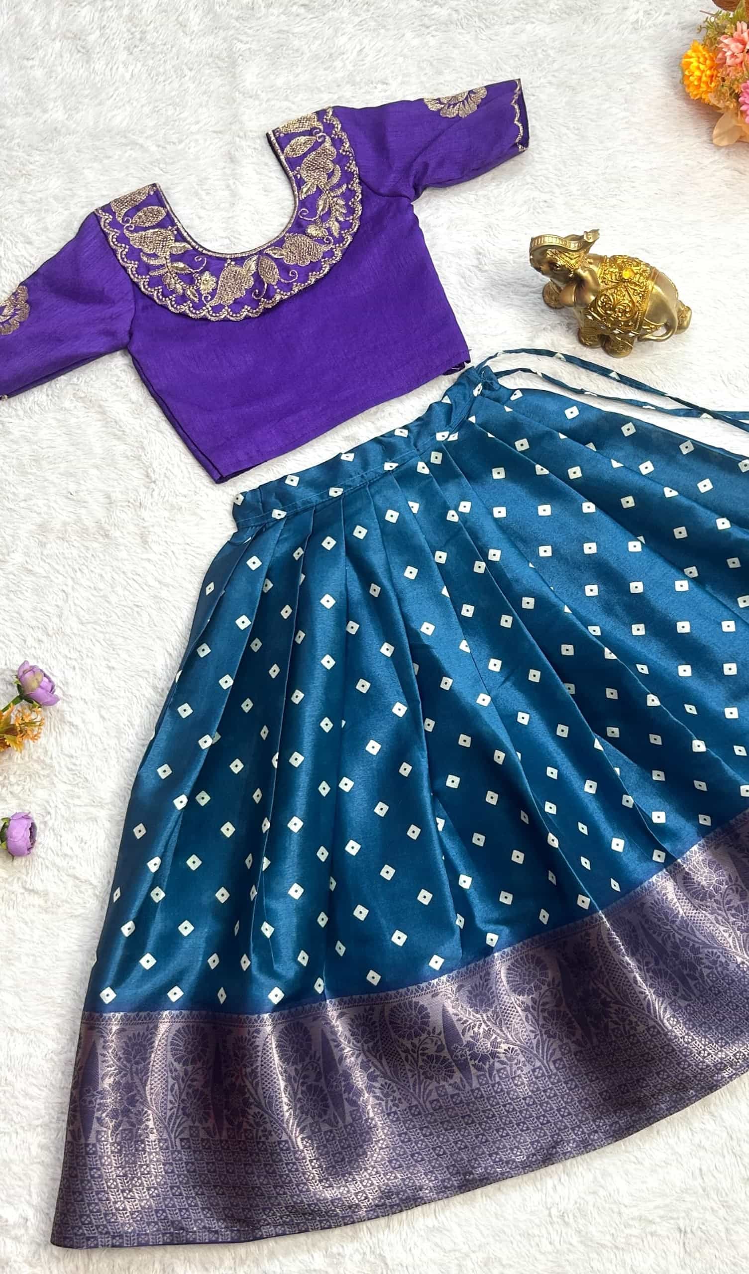 Navy Blue Cotton Inner Fully Stitched Kids Lehenga