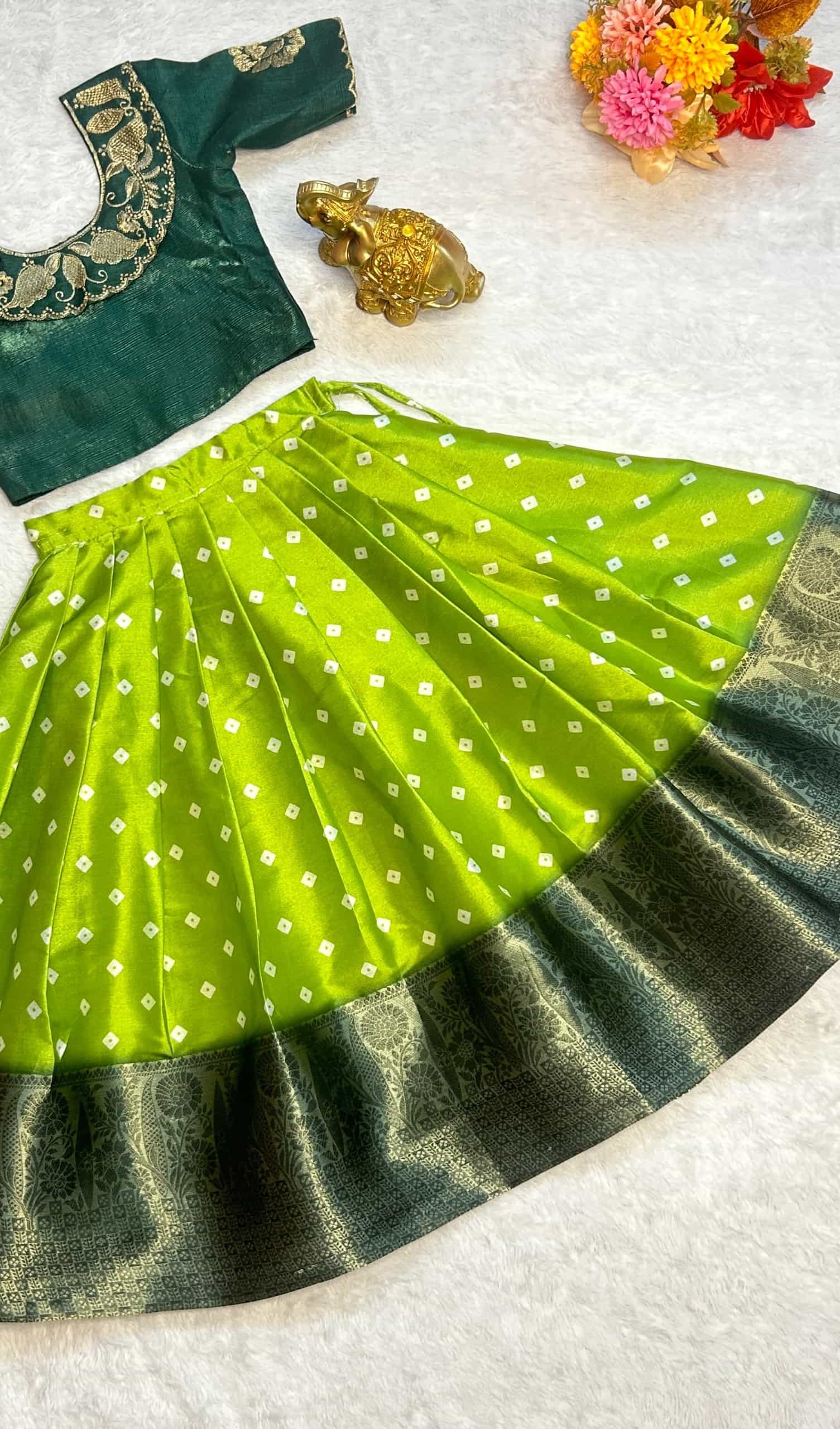 Green Kids Lehenga with Zari Silk