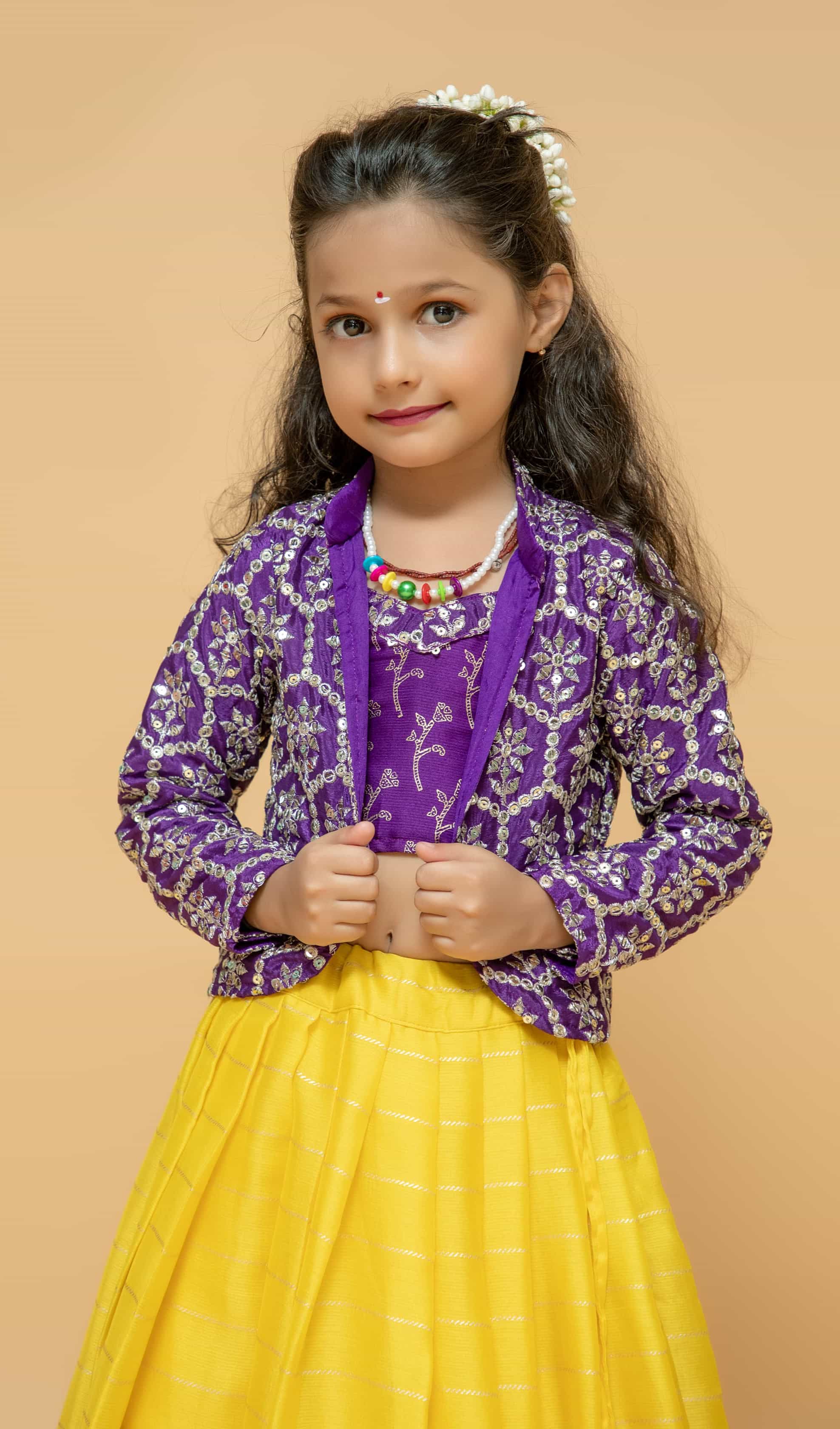 Yellow Chinnon Silk Kids Lehenga