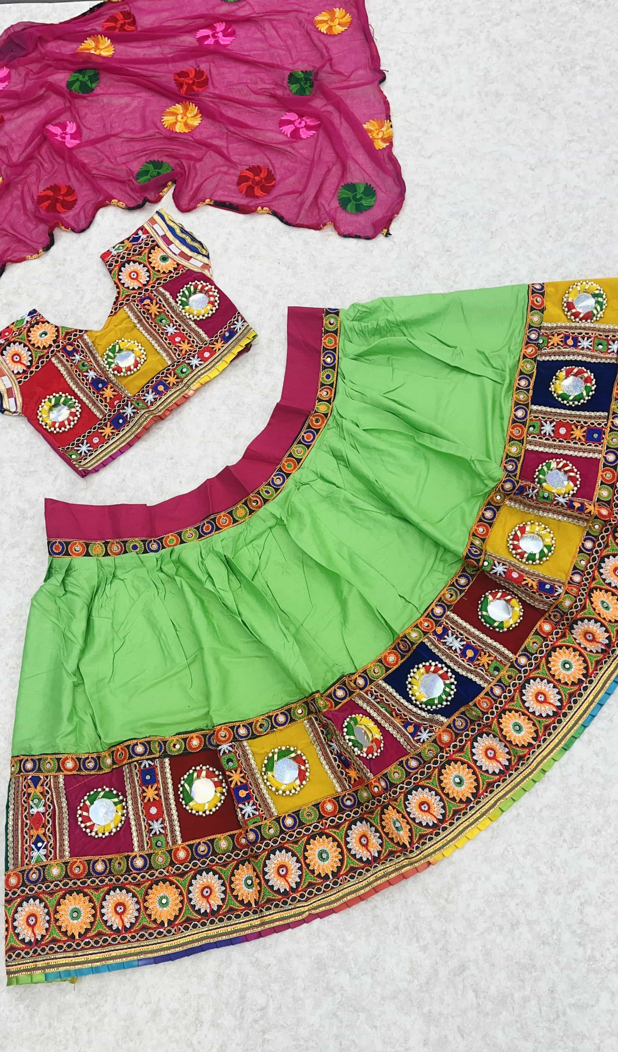 Green Lehenga Choli with Chain Stitch Embroidery