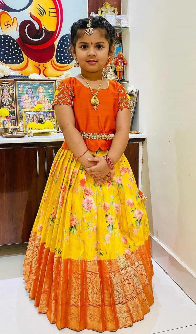 Printed Zari Silk Lehenga for Girls
