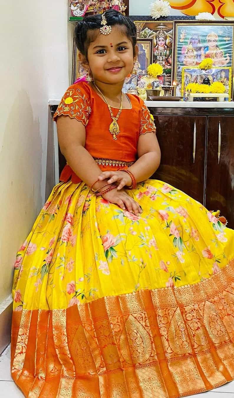 Orange Kids Lehenga Choli in Banglori Satin & Zari Silk