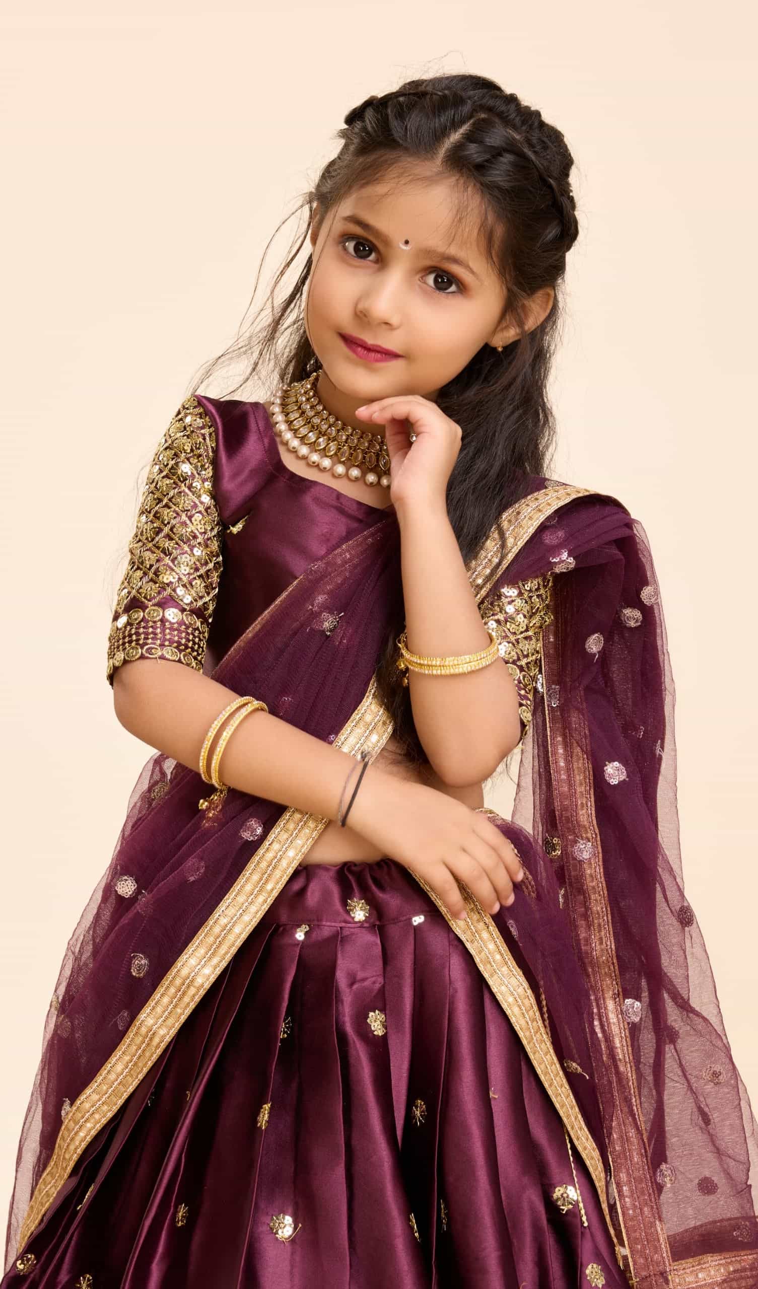 Wine Satin Silk Lehenga for Girls 