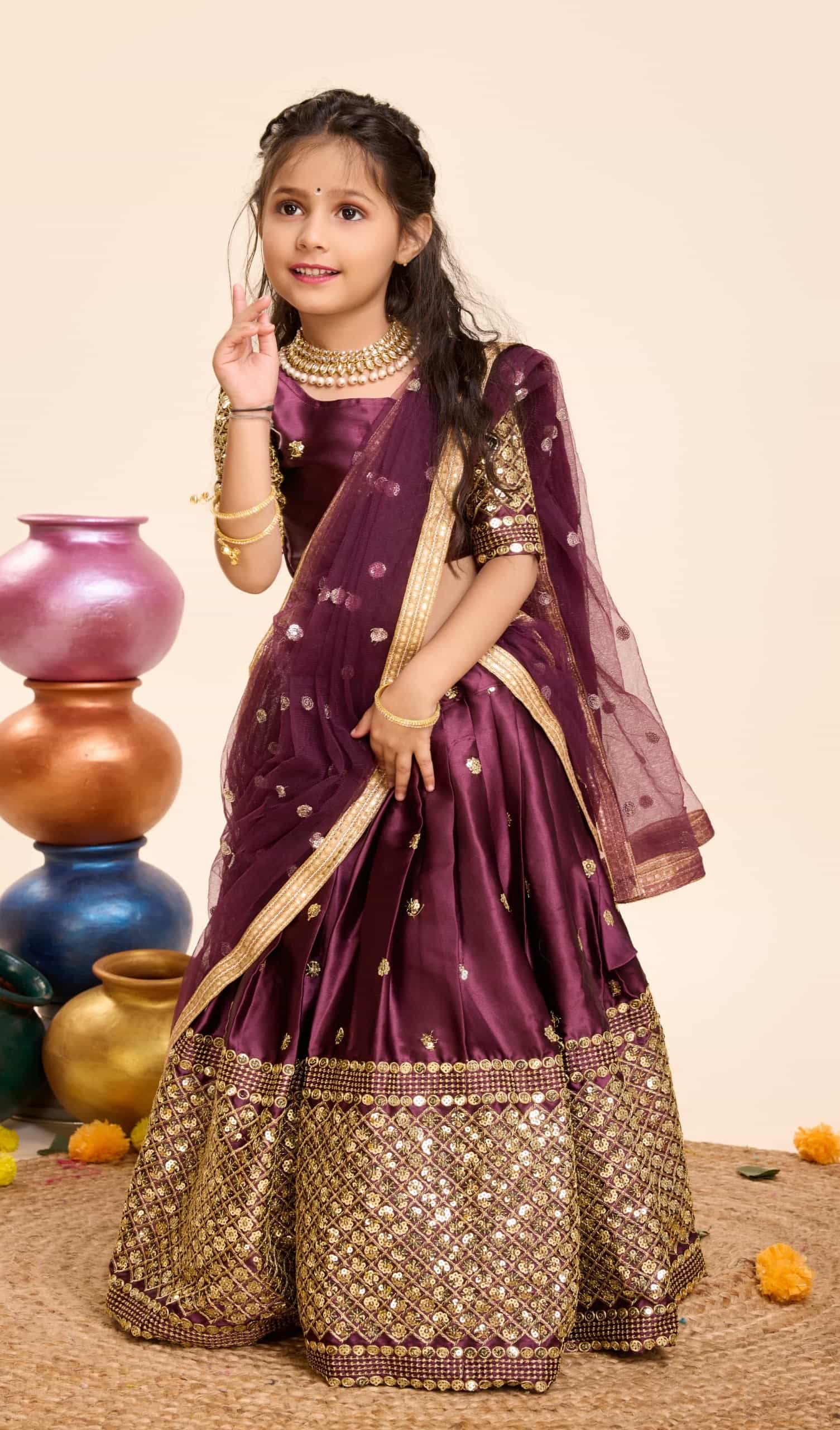 Wine Color Lehenga with Embroidered Sleeves Blouse