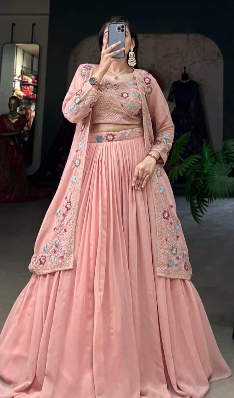 Soft pink georgette lehenga with embroidered details
