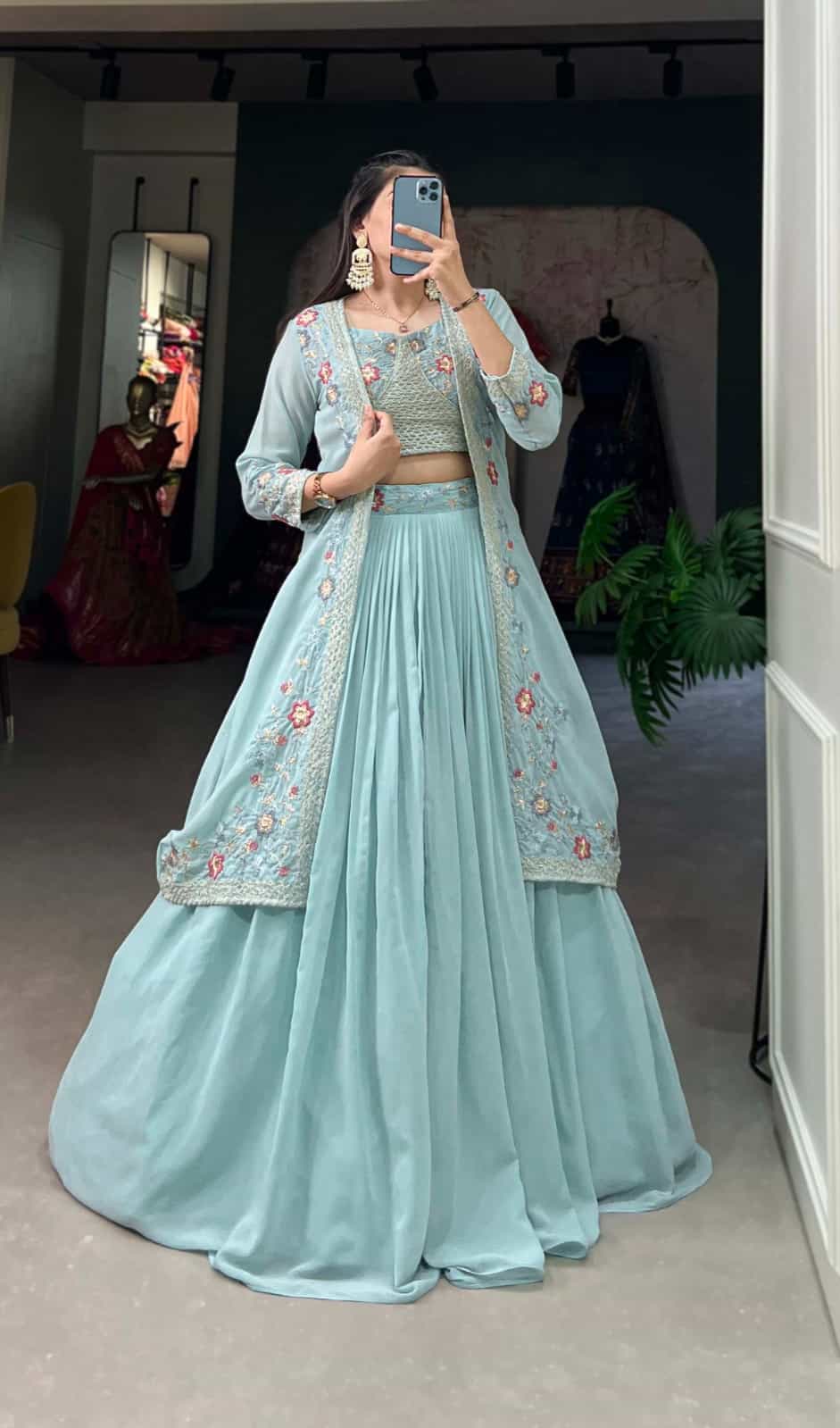 light blue georgette lehenga with elegant embroidery