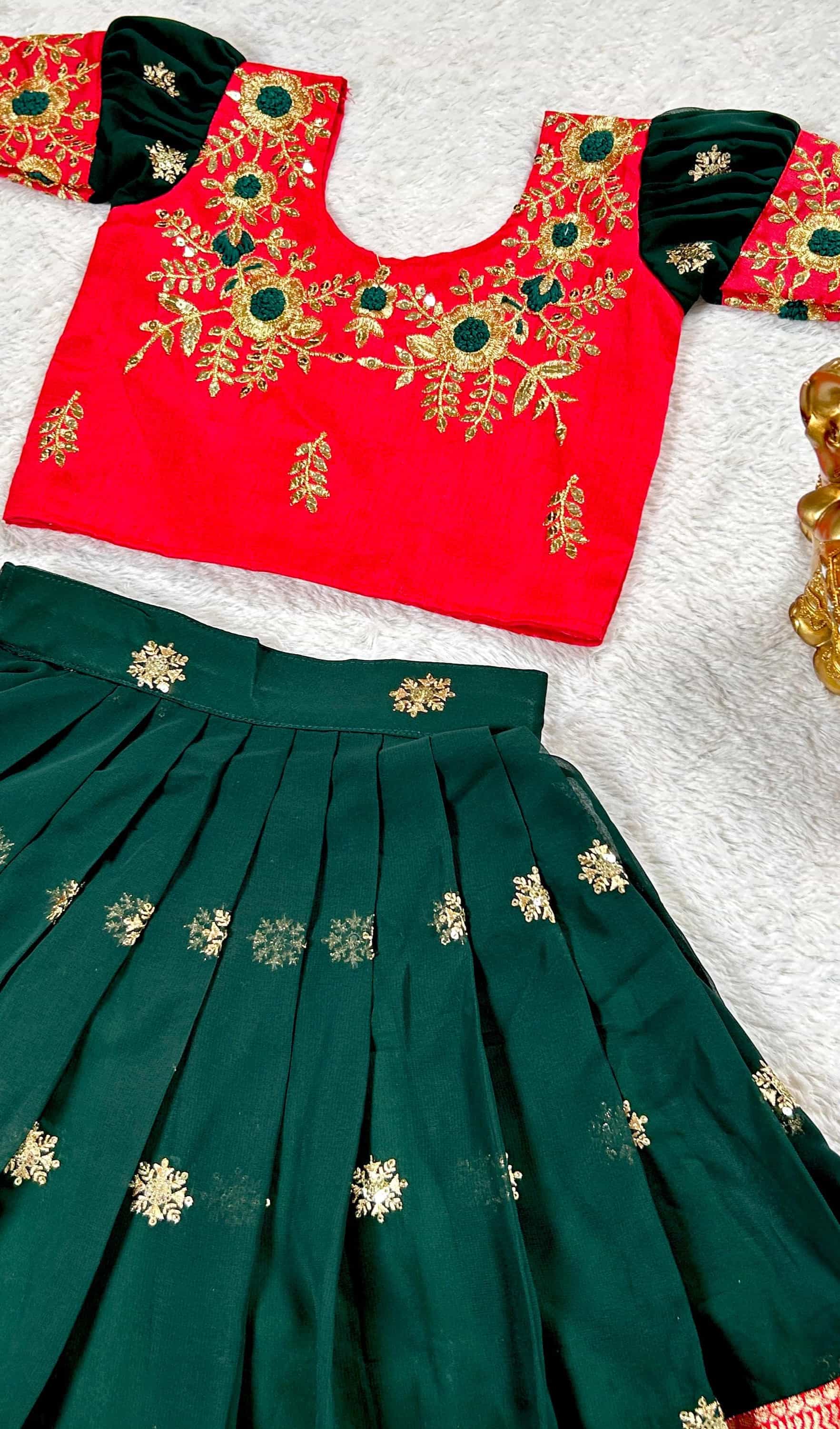 Dark Green and Red Georgette Lehenga for Girls