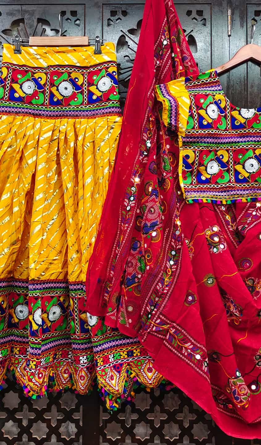 Multicolor Cotton Lehenga for Girls with Lehriya Golden Print & Mirror Work