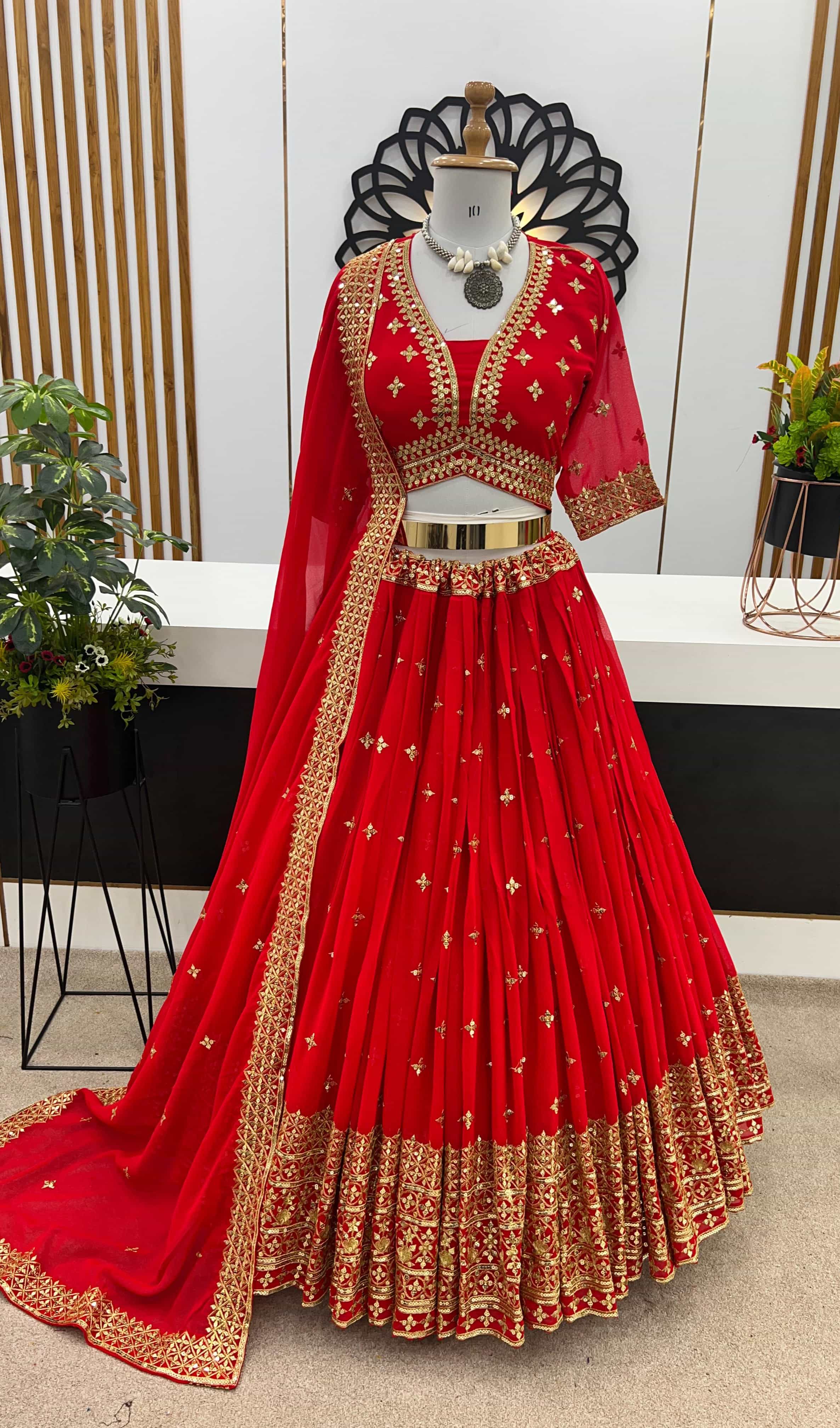 fully stitched red lehenga choli with embroidered dupatta for weddings