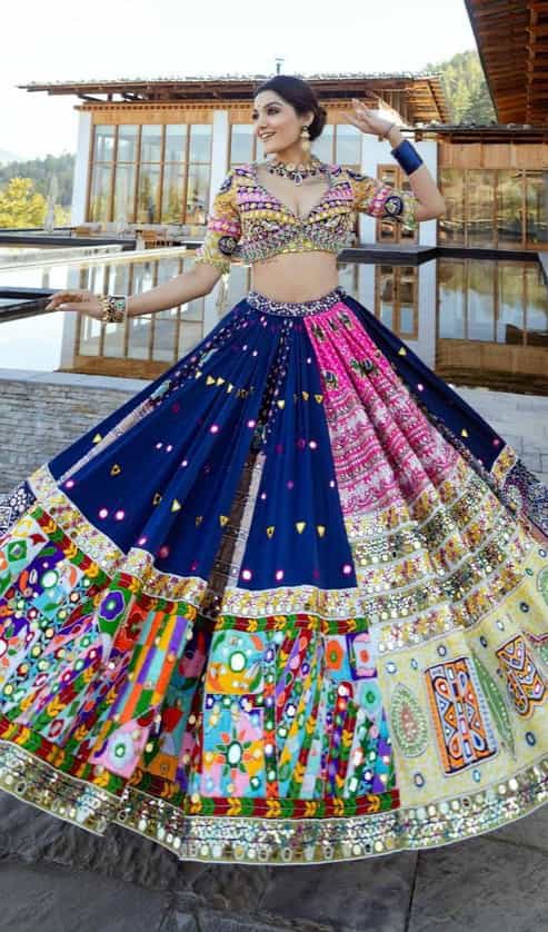 elegant navy blue festival wear lehenga with mirror work and handwork lace