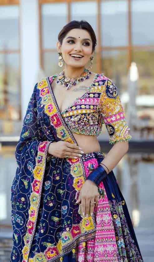 fully stitched navy blue lehenga with soft muslin cotton dupatta