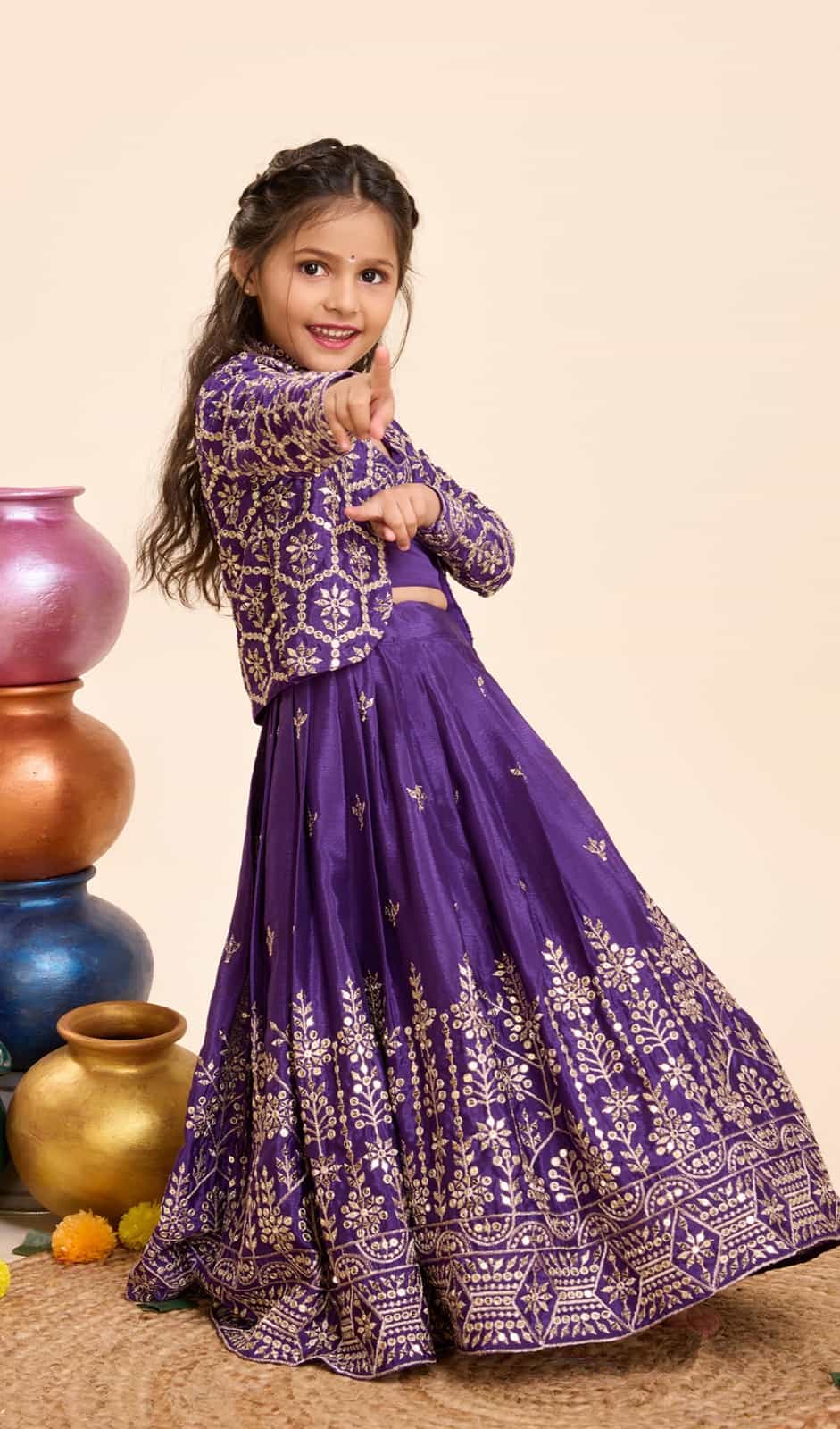 Purple Chinon Silk Kids’ Lehenga Choli