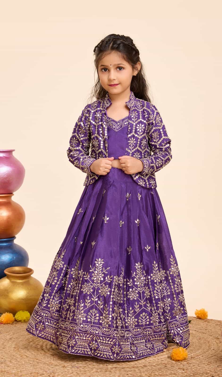 Purple Chinon Silk Lehenga with Full-Sleeves Shrug