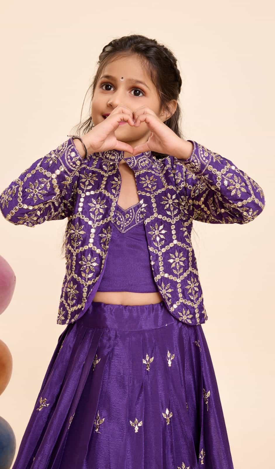 Purple Embroidered Lehenga Choli Set for Kids