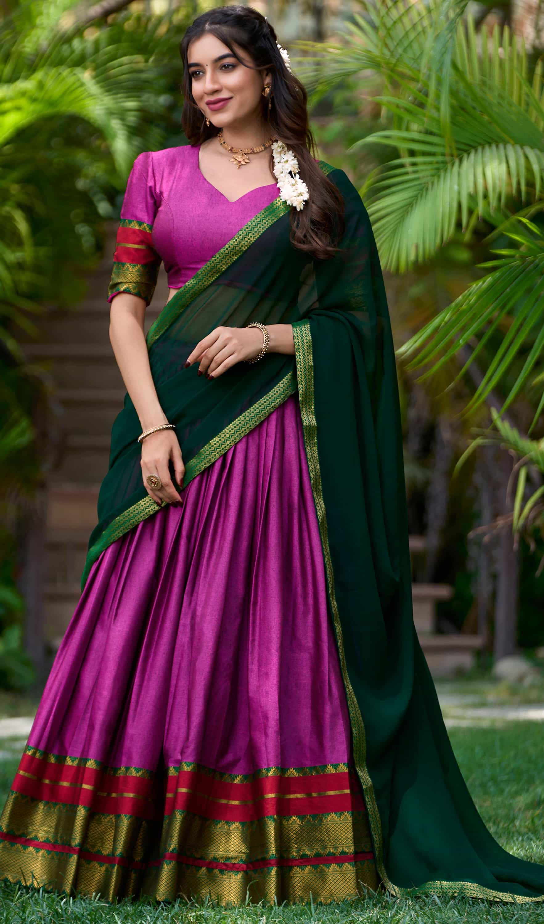 semi-stitched lehenga set with intricate zari work and lace border dupatta