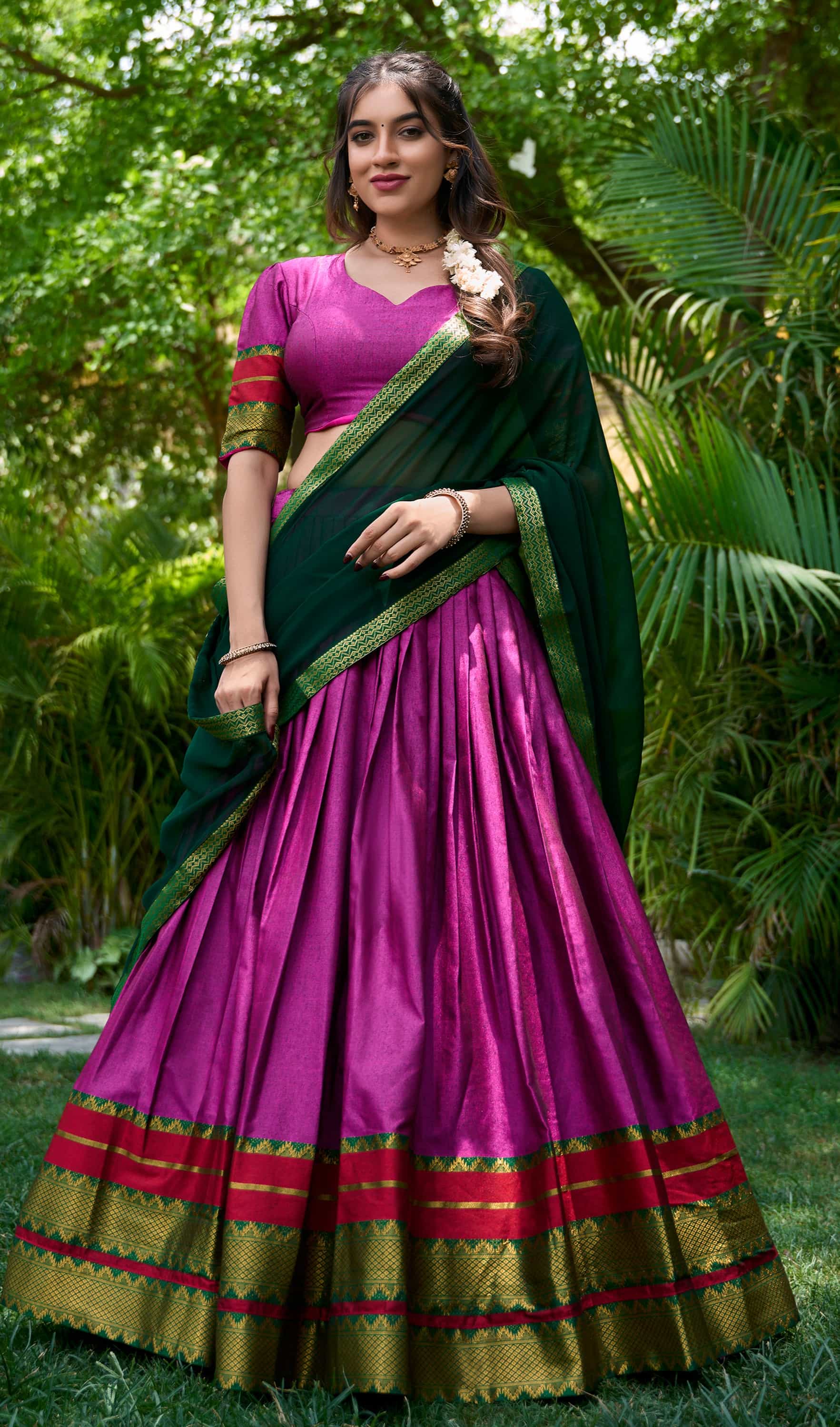 traditional fuchsia lehenga with micro cotton inner and drawstring closure