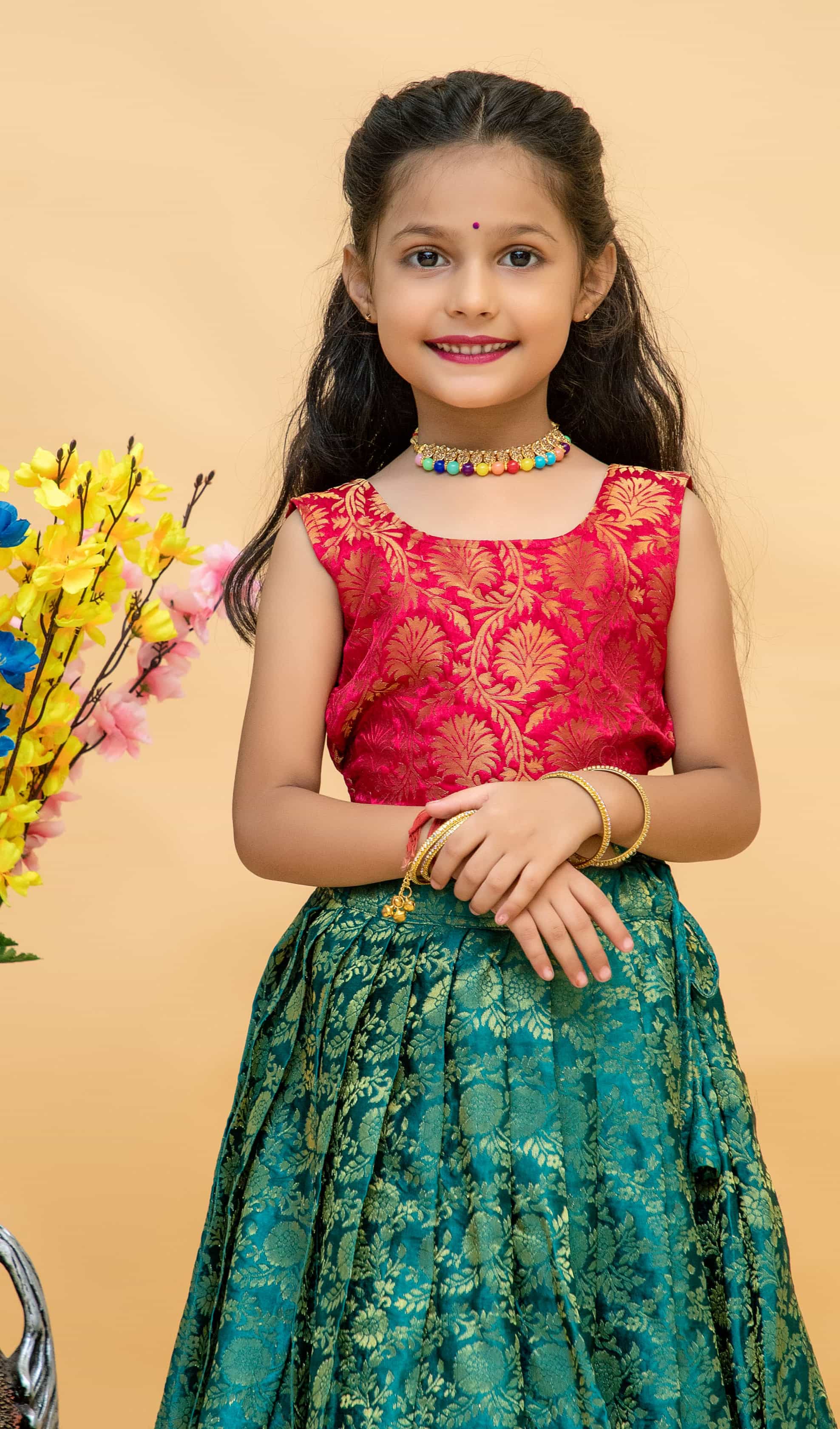 Green Kids' Lehenga Choli in Viscose Weaving