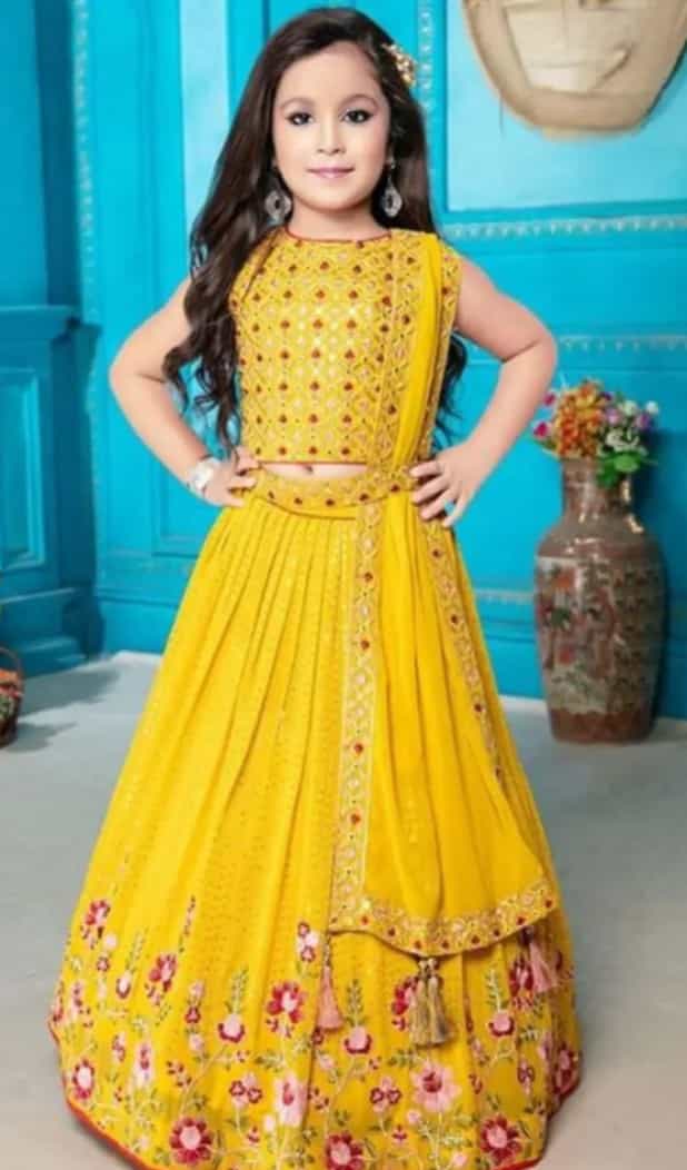 Yellow Girls' Faux Georgette Lehenga Set