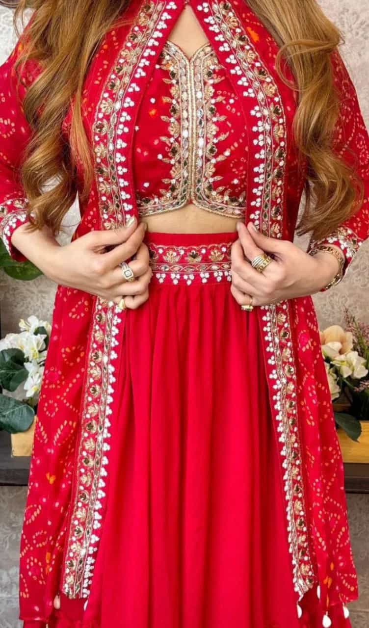 Red Georgette Embroidered Lehenga