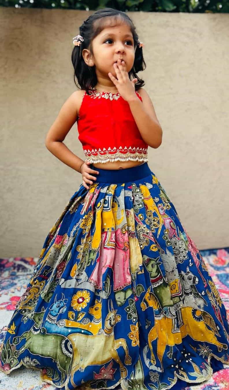 Faux Georgette Embroidered Blouse & Printed Border Lehenga
