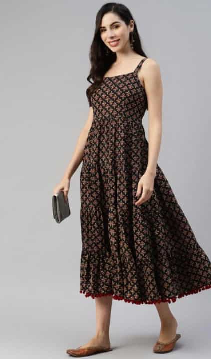 black cotton frock with pom-poms