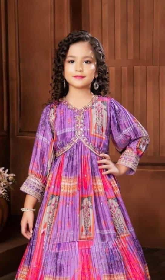 Girls' Cotton Silk Gown – Digital Print & Real Mirror Work with Dupatta