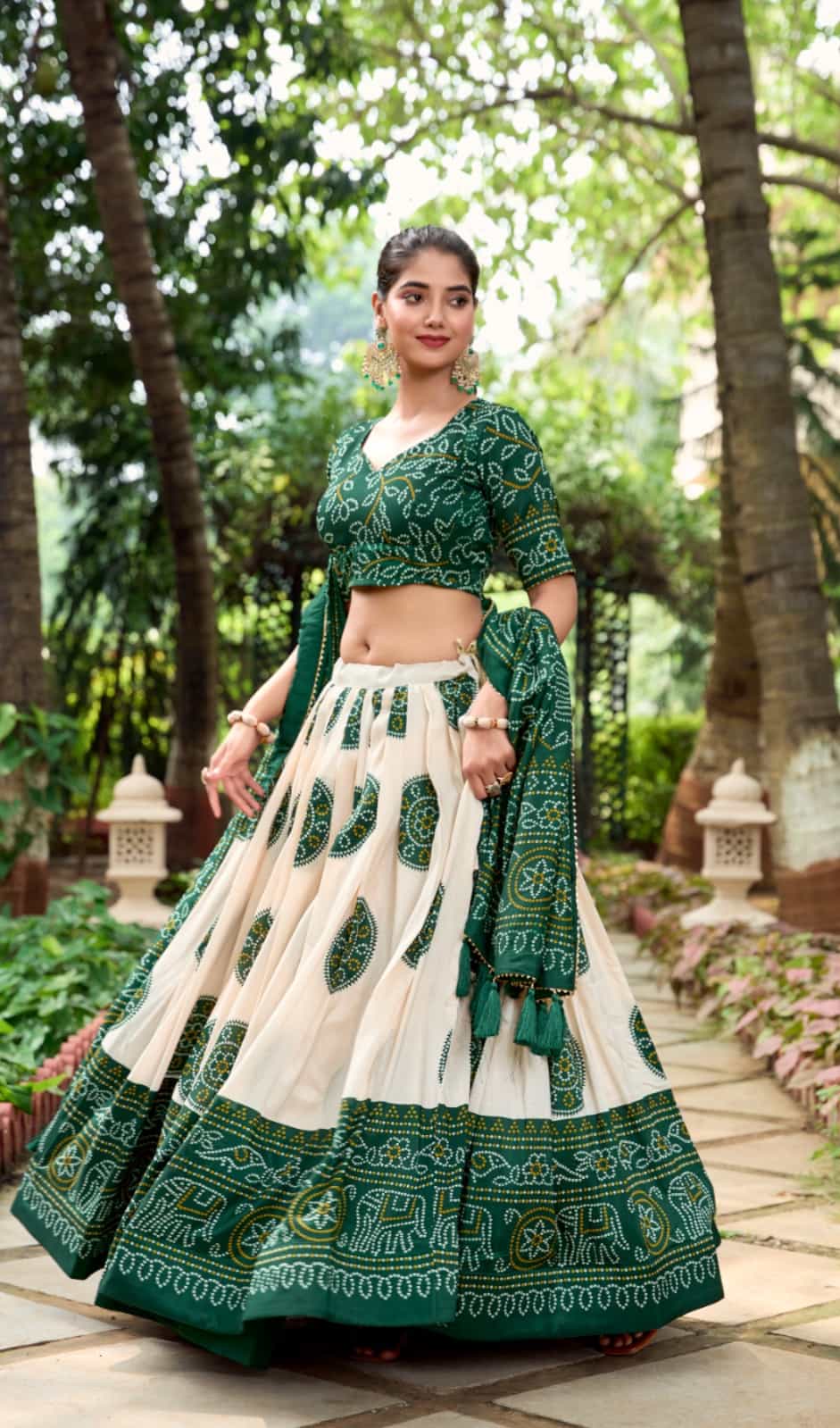 Green Tussar Silk Bandhej Lehenga