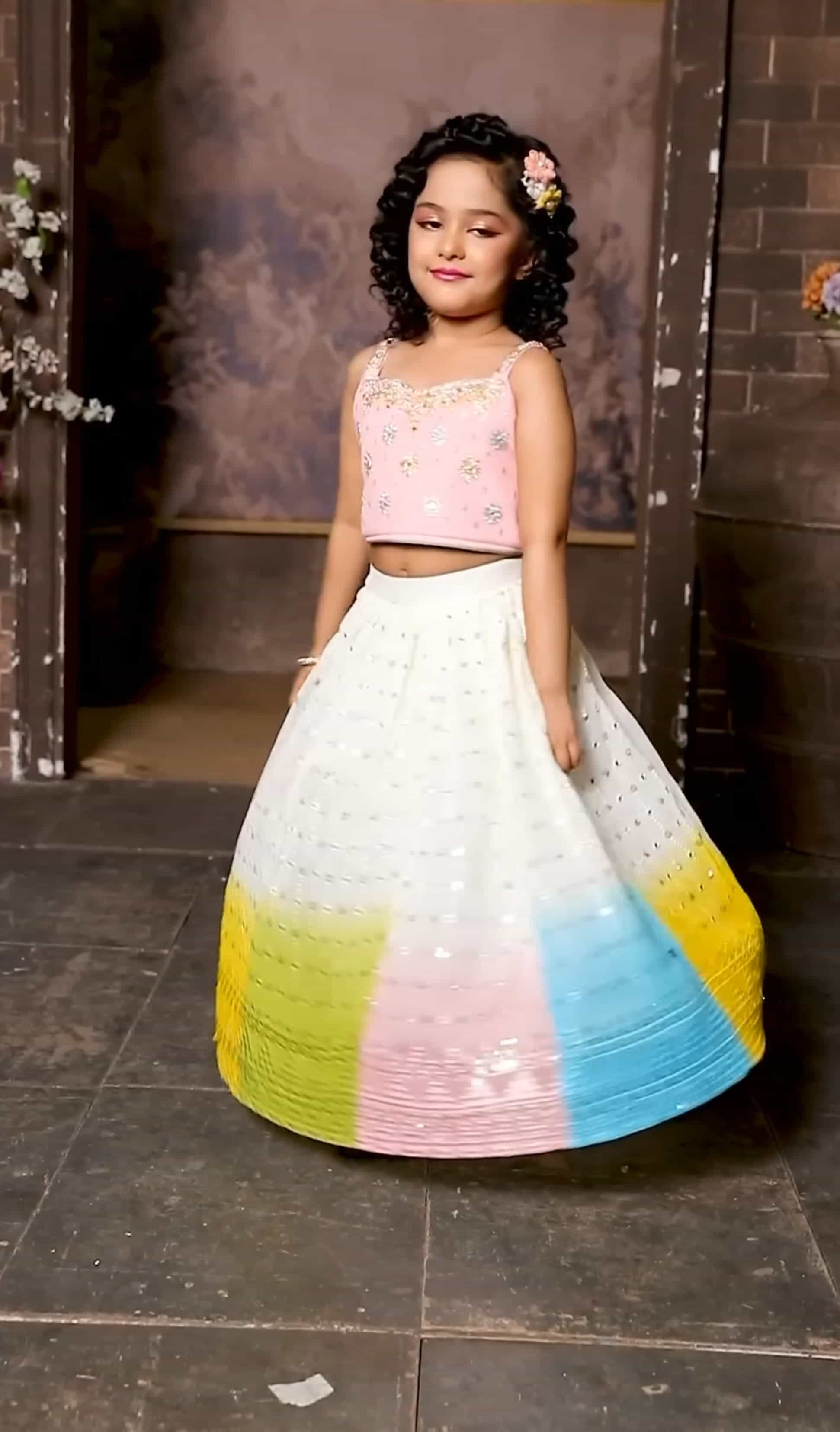 Baby Pink Girls' Lehenga Choli Set with Embroidery & Sequins Work