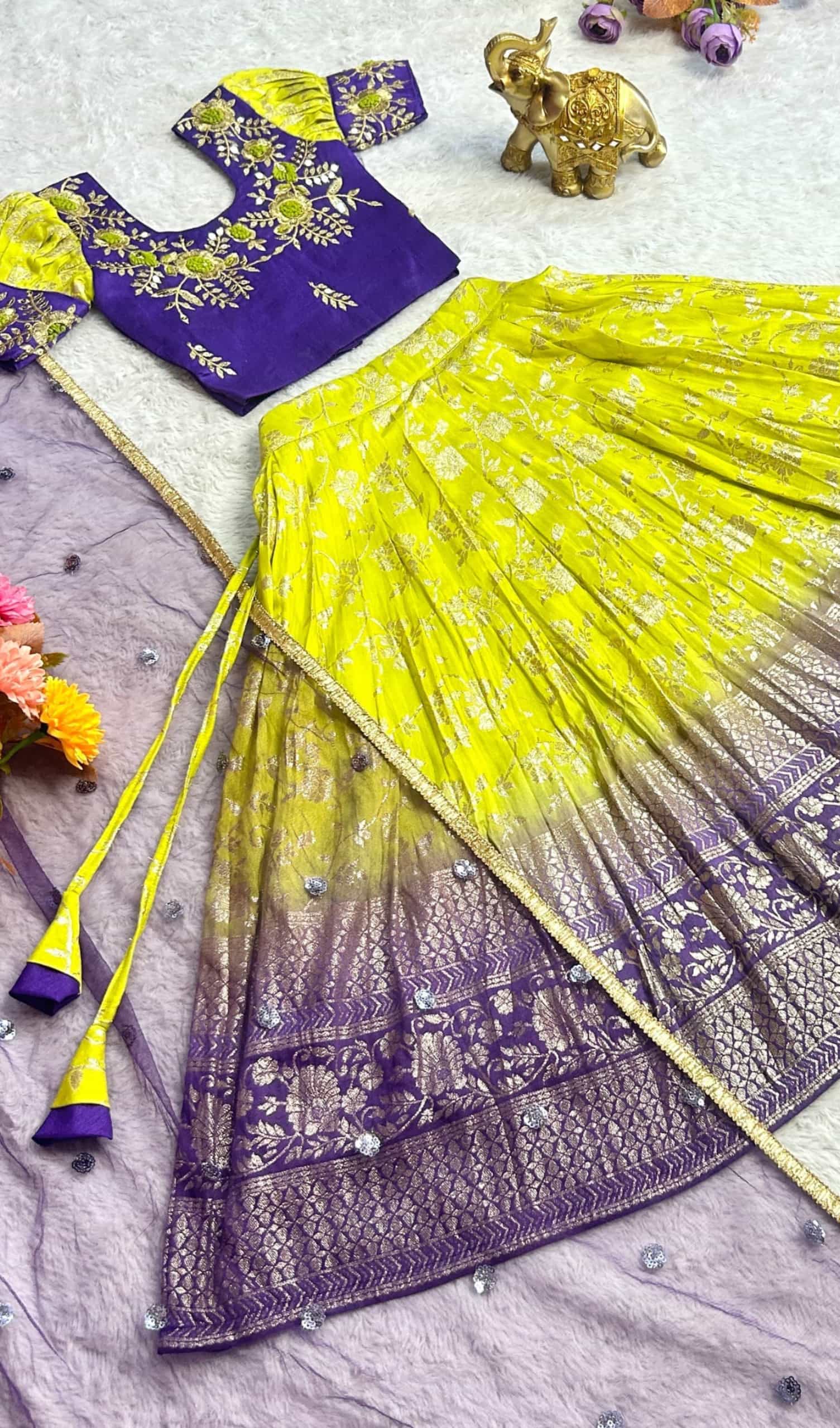 Golden Zari Weaving Festive Lehenga for Girls