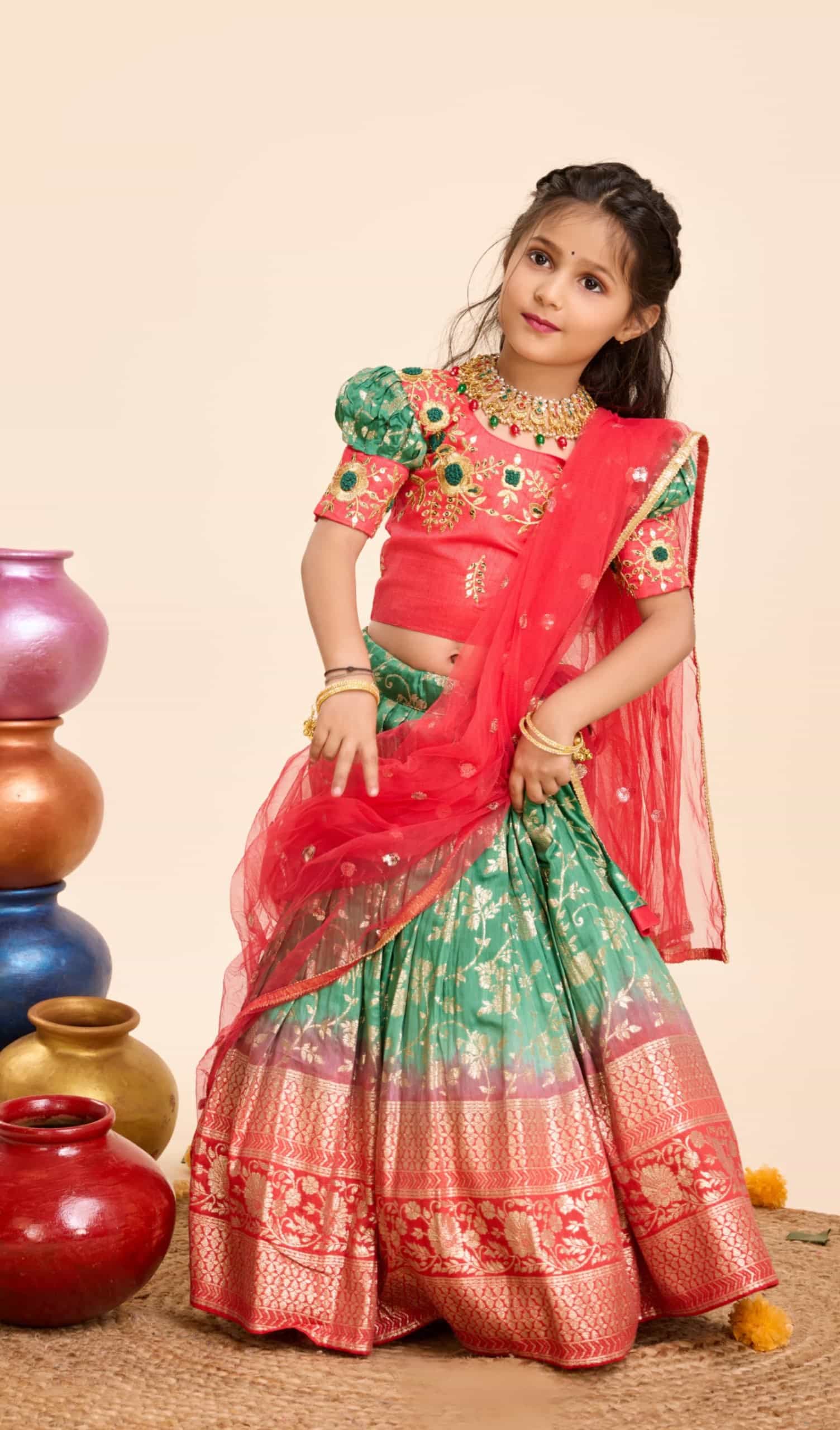 Golden Zari Weaving Festive Lehenga for Girls