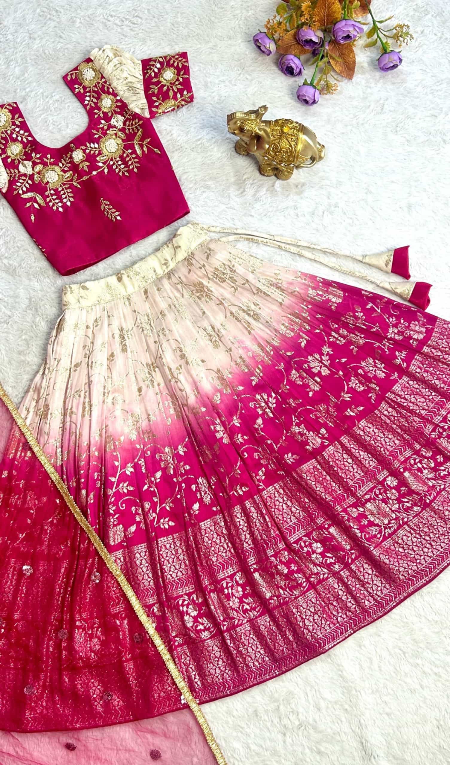 Golden Zari Weaving Festive Lehenga for Girls
