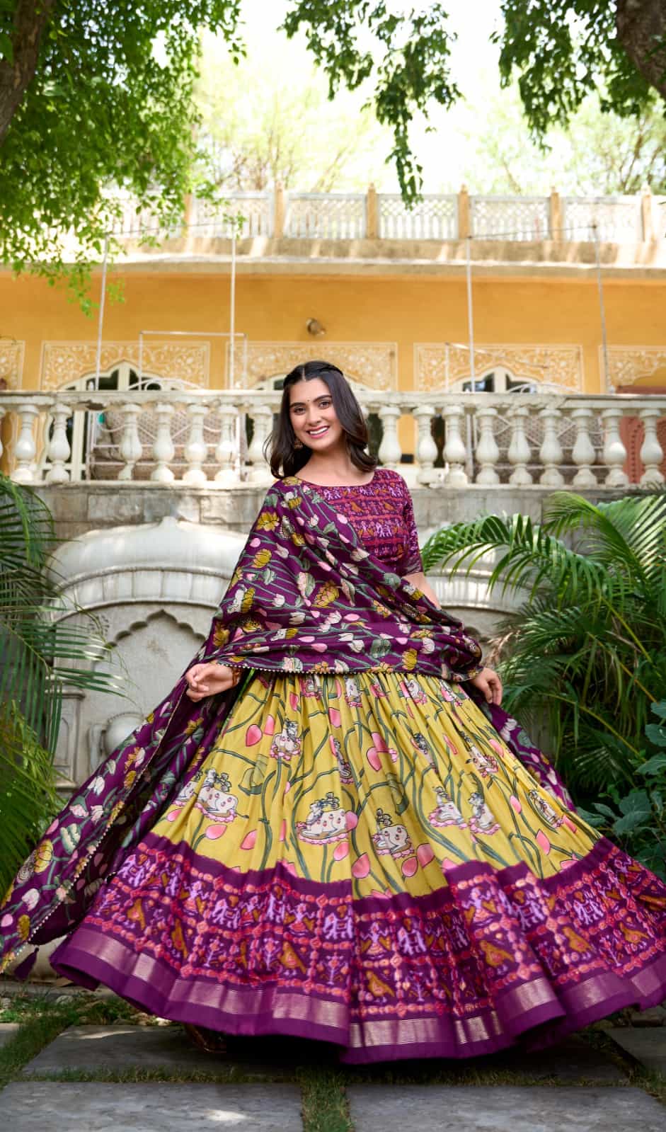 traditional yellow lehenga set with kalamkari print dupatta and foil detailing
