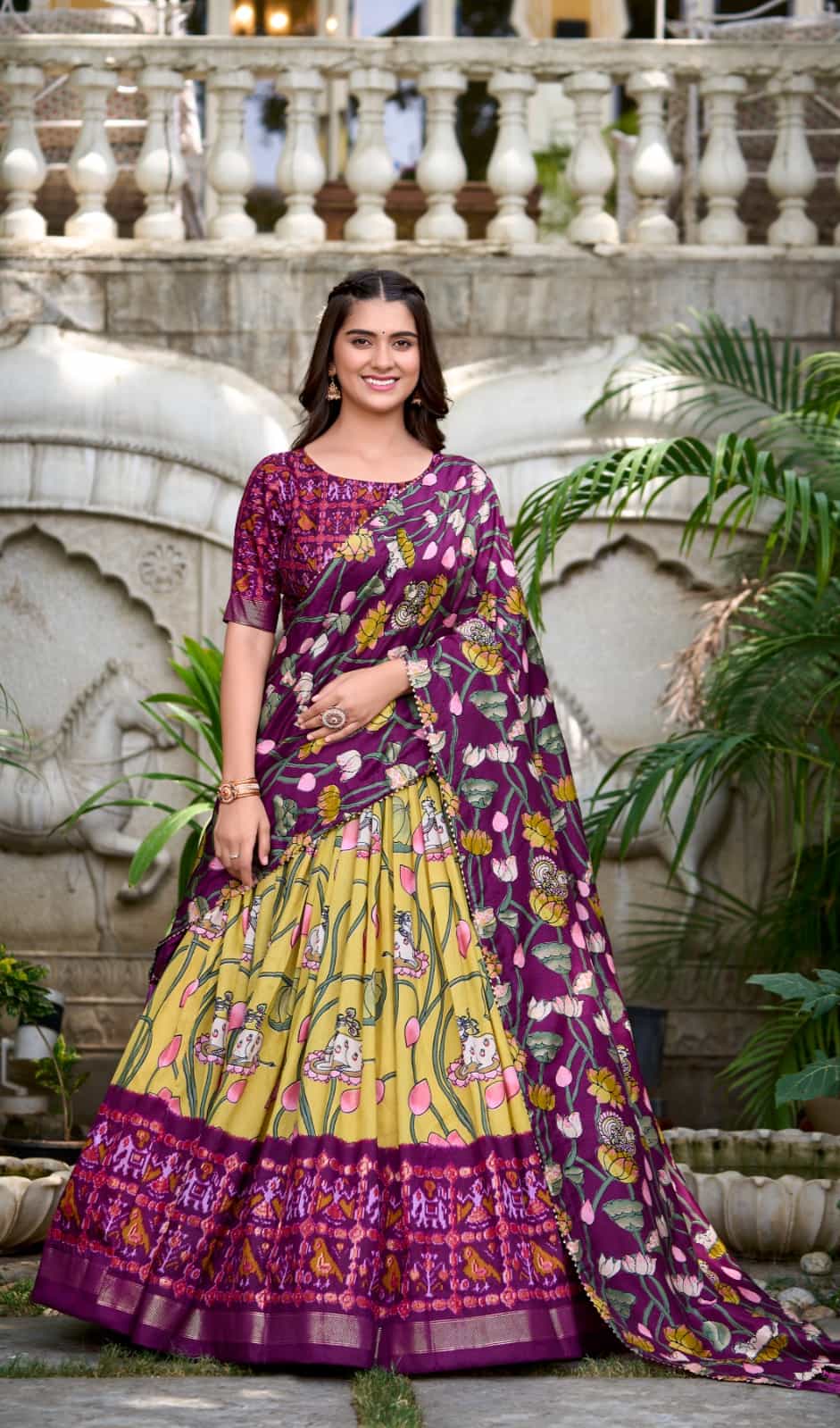 banana yellow tussar silk lehenga with pichwai and patola print foil work border