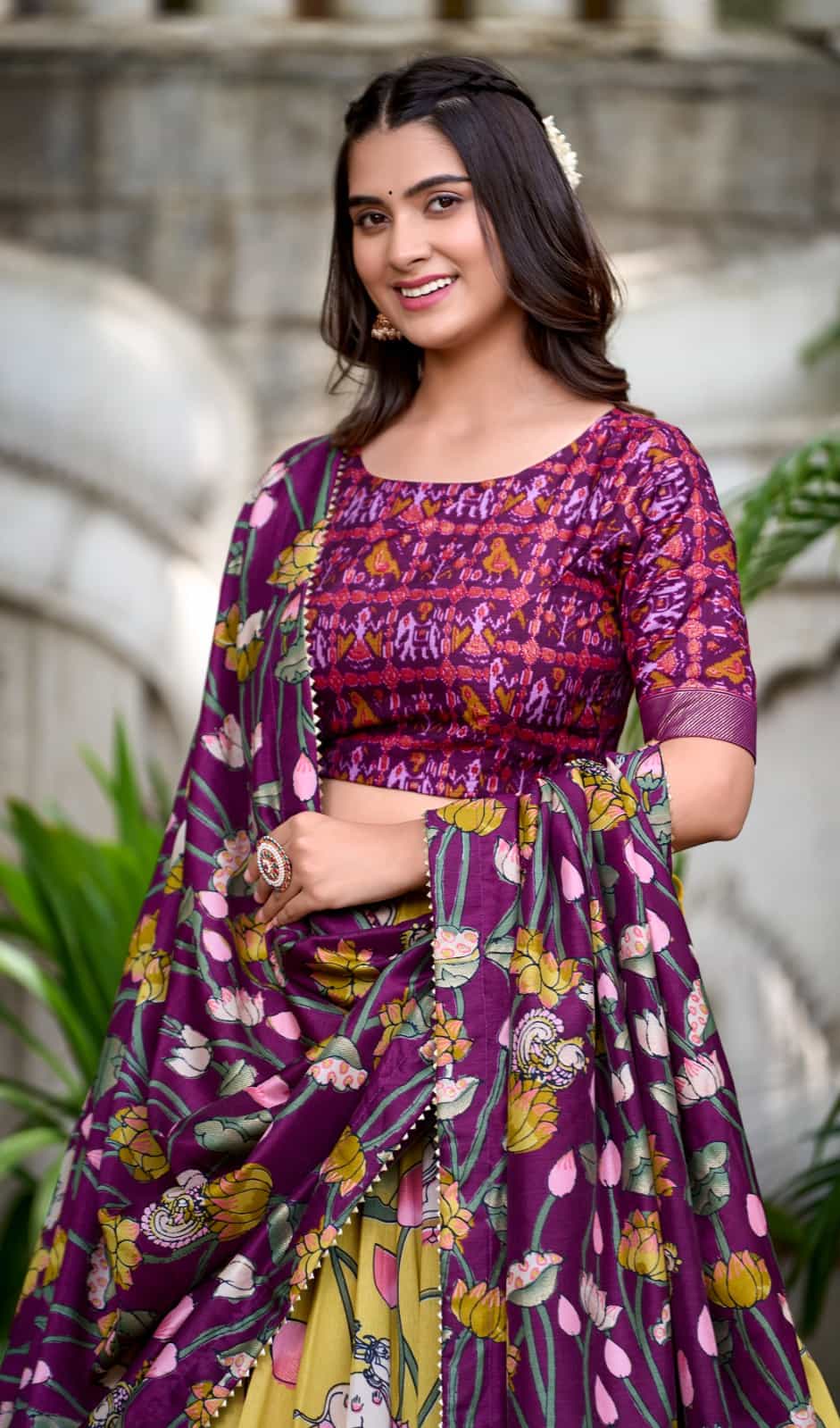 festive and wedding wear tussar silk lehenga with patola print blouse