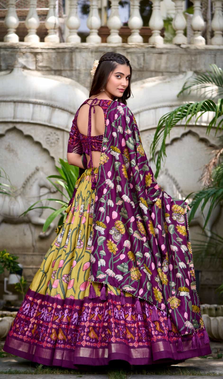 vibrant yellow lehenga with kalamkari print dupatta and gotta patti lace