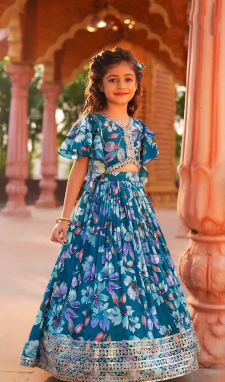 Blue Faux Georgette Kids' Lehenga with Digital Print 