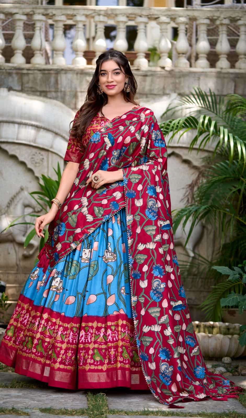  tussar silk lehenga with kalamkari dupatta and gotta patti lace