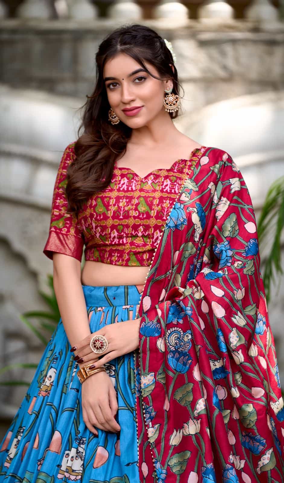 traditional blue lehenga set with kalamkari print dupatta and foil work