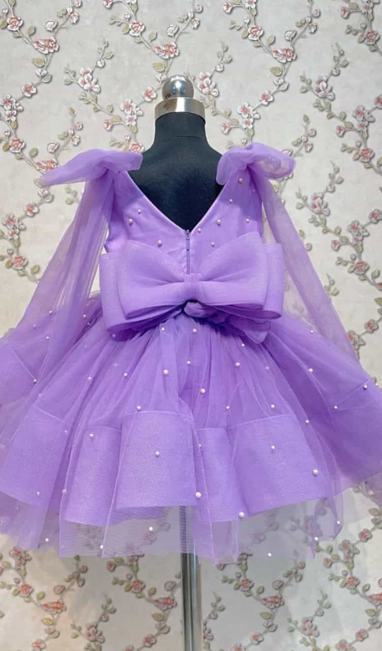 Lavender Trendy Heavy Net Dress for Girls