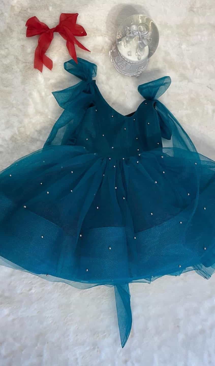 Sea Blue Heavy Net Kids' Dress with Bow
