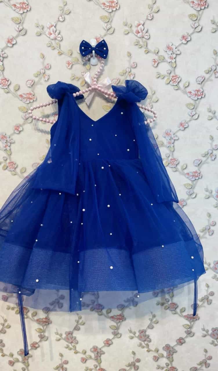  Navy Blue Heavy Net Kids' Dress with Bow & Beads Work