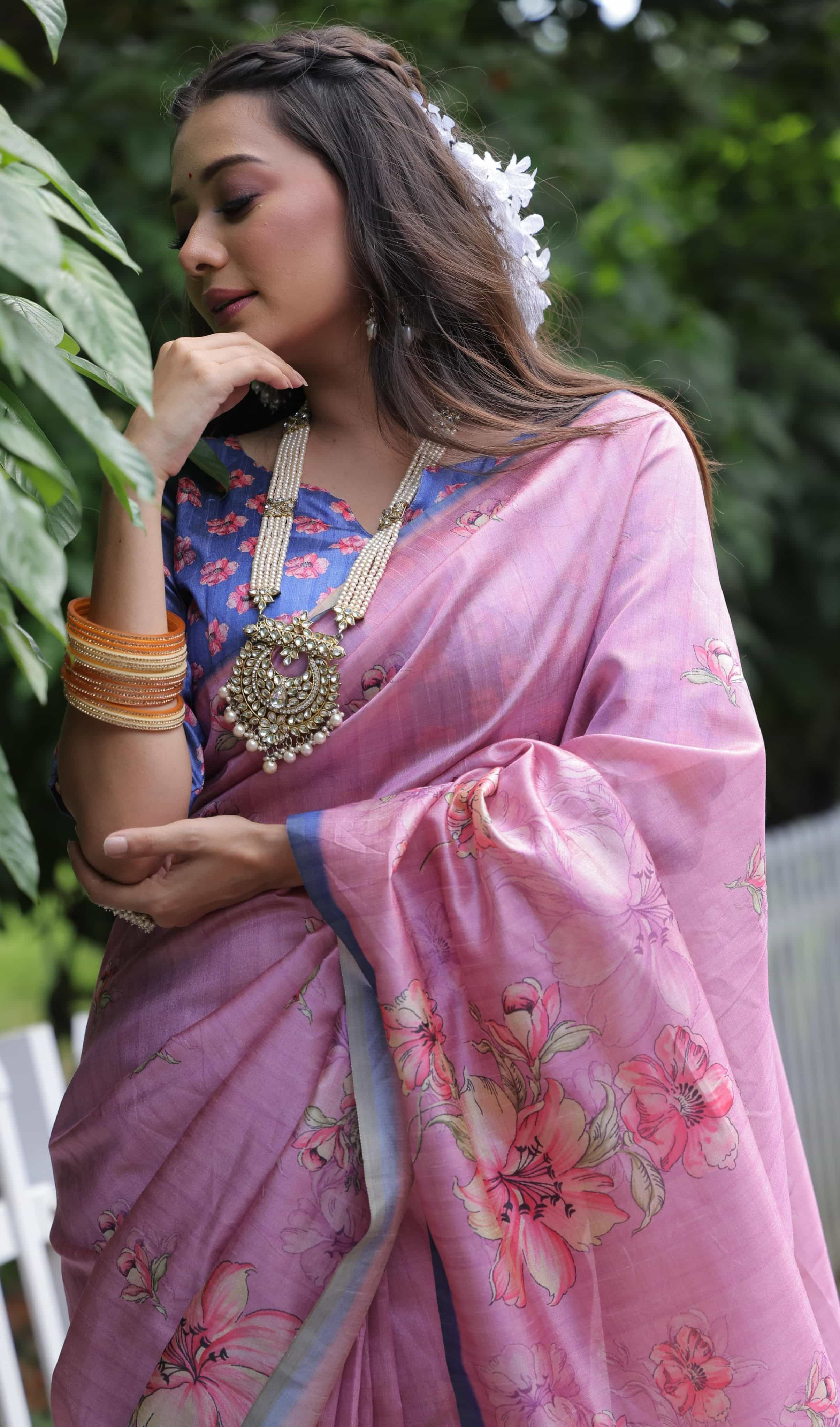 Pink Soft Tussar Silk Saree with Floral Print Pallu